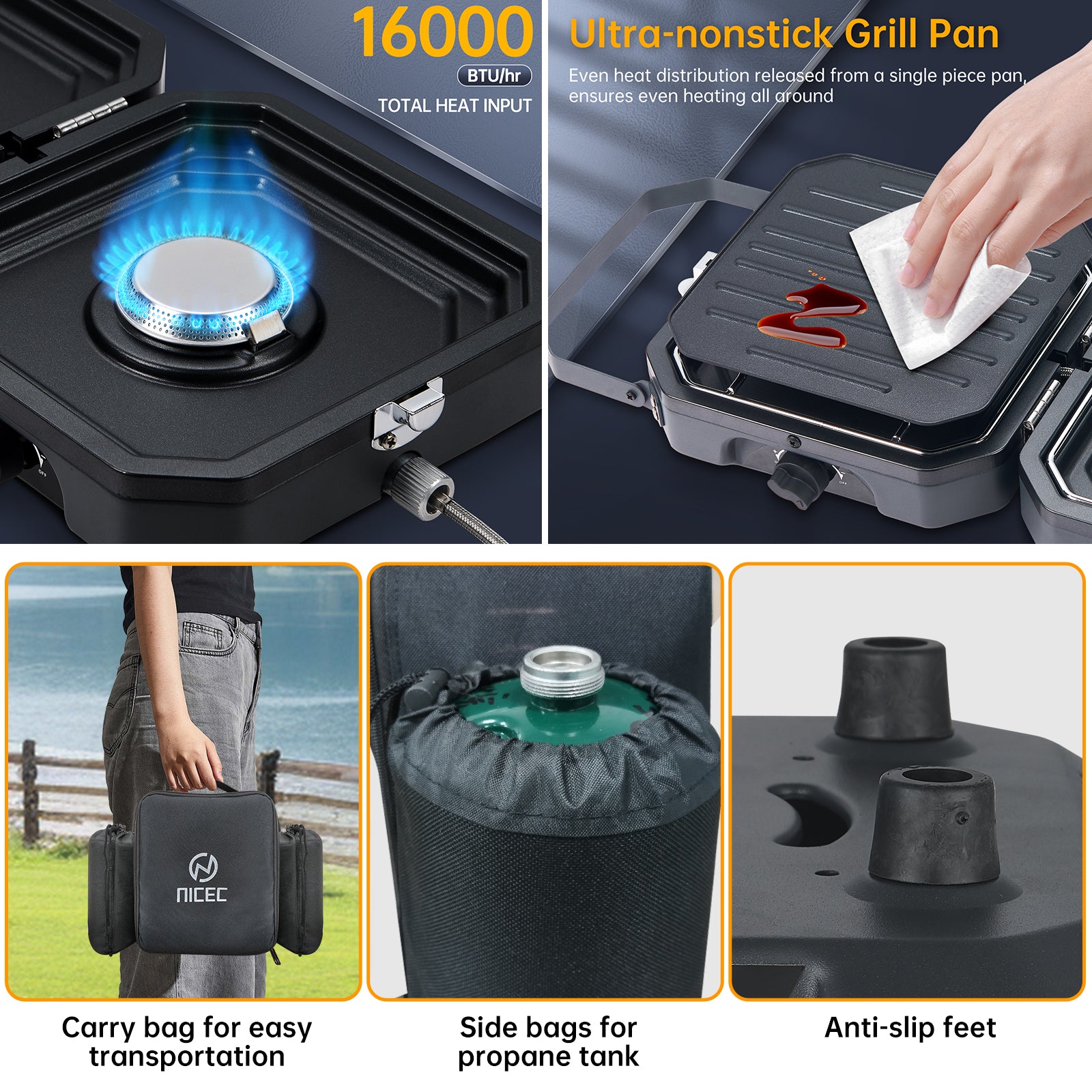 Nice C Camping Stove, Portable 2 Burner Propane Gas Stove | Mini Propane Grill, 16000 BTU Camp Stove, Dual Burner Grill, Carry Bag, Portable Outdoor Cooking, Camping