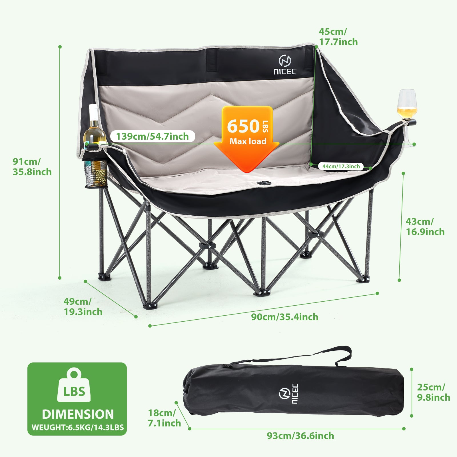 Black &amp; Gray Nice C Oversized Padded Camping Loveseat, Folding Chair with Cooler &amp; Cup Holder 