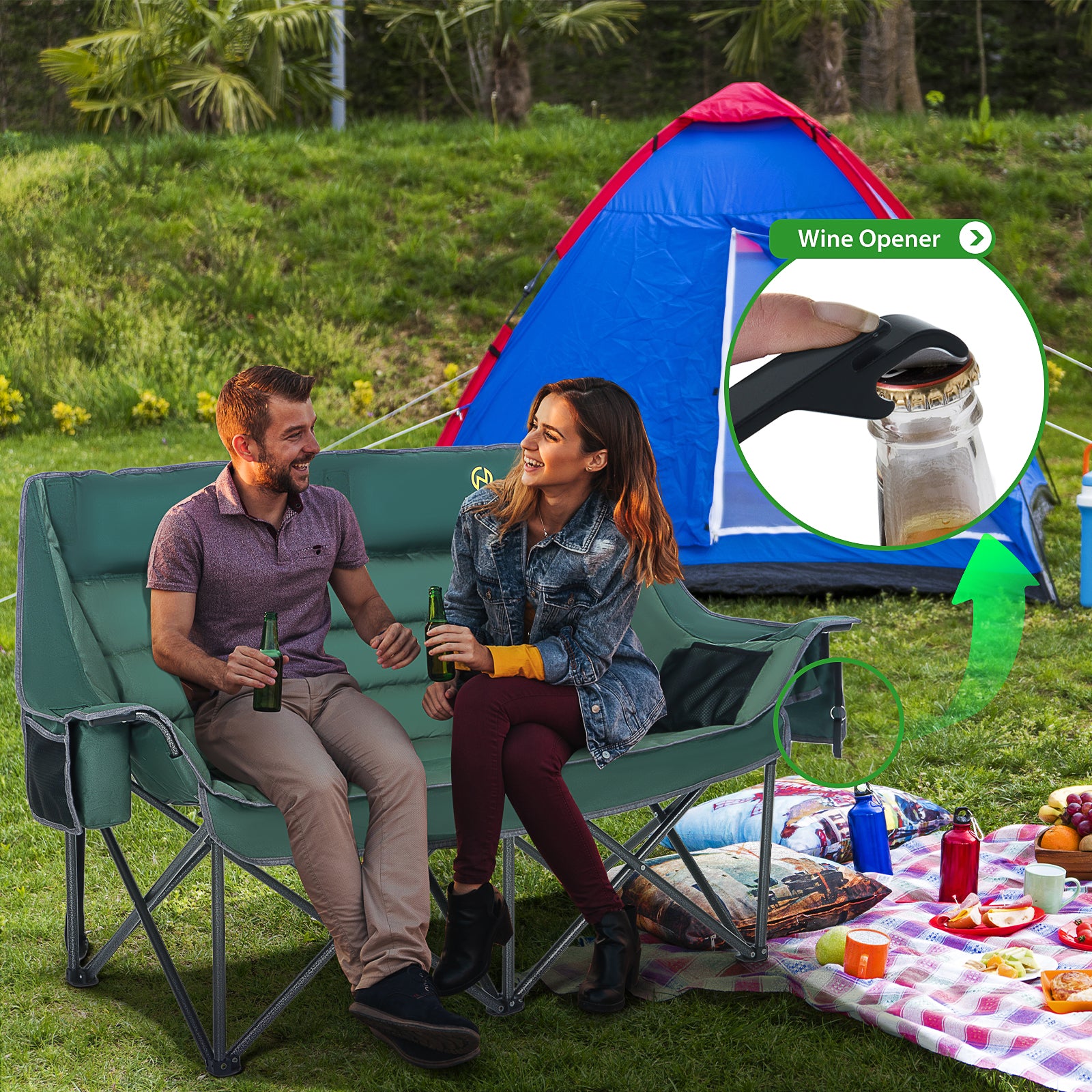 Nice C Oversized Loveseat Camping Chair for Adults, Extra Padded with Cooler &amp; Cup Holder 