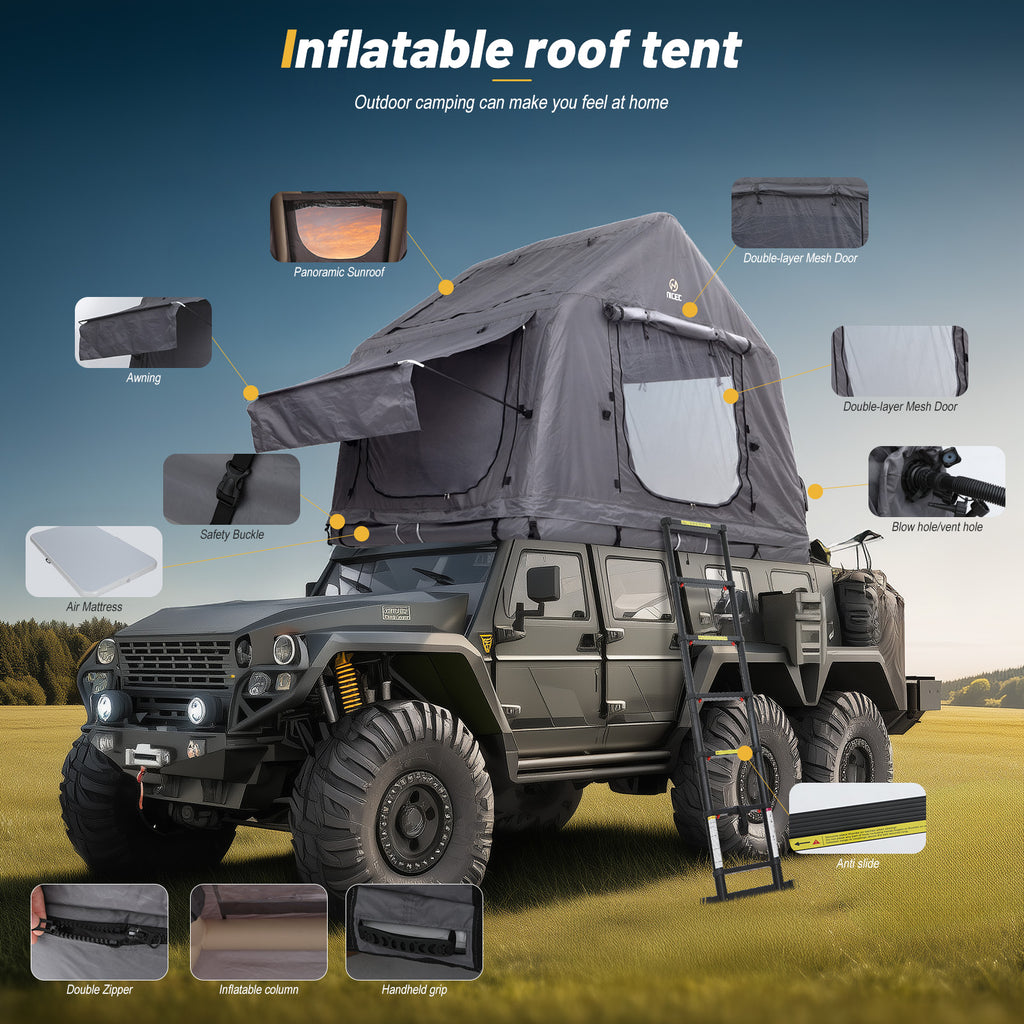 Nice C Inflatable Rooftop Tent, Black & Grey SUV Camping Tent with Mattress, Ladder & Pump, Waterproof Overland Design