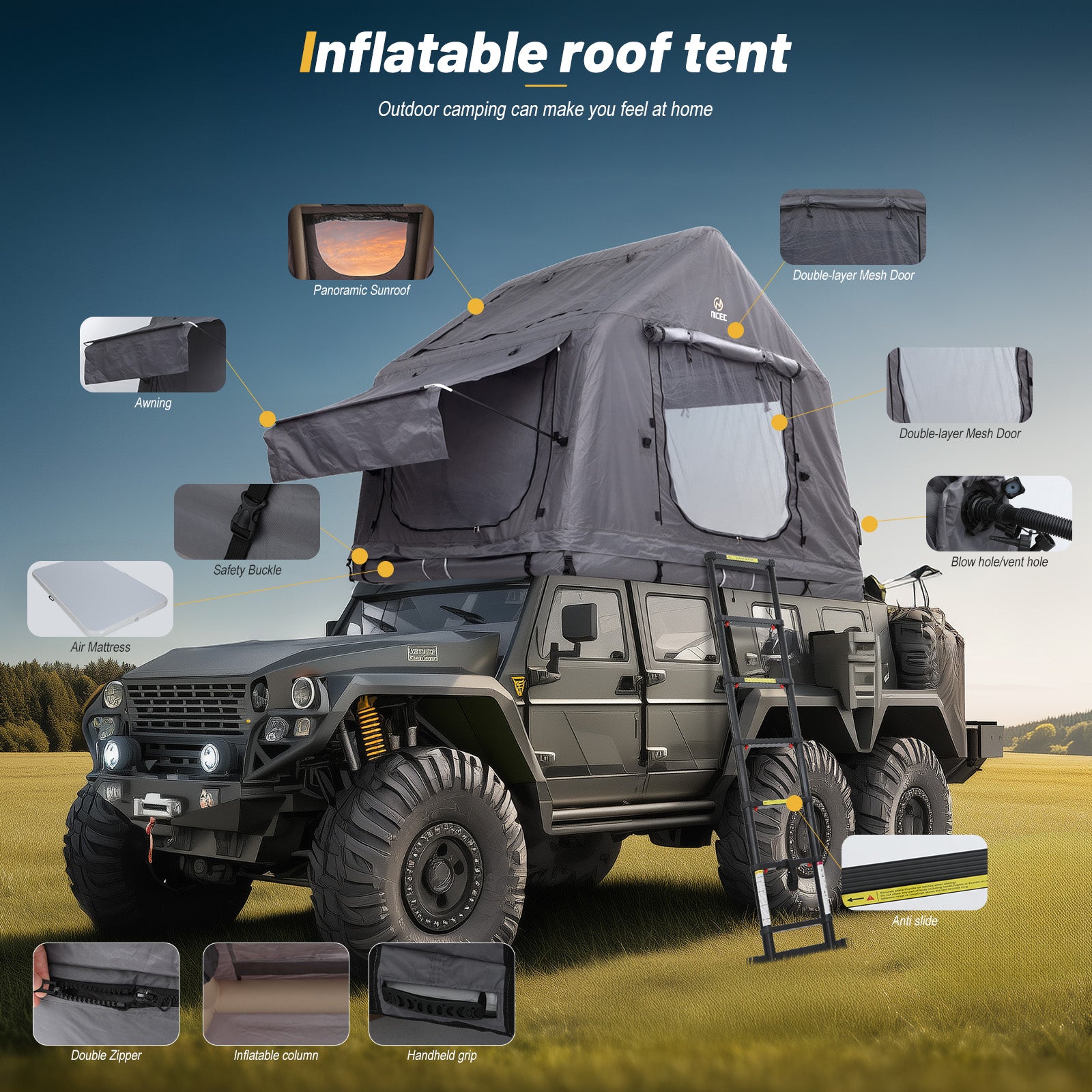 Nice C Inflatable Rooftop Tent, Black & Grey SUV Camping Tent with Mattress, Ladder & Pump, Waterproof Overland Design