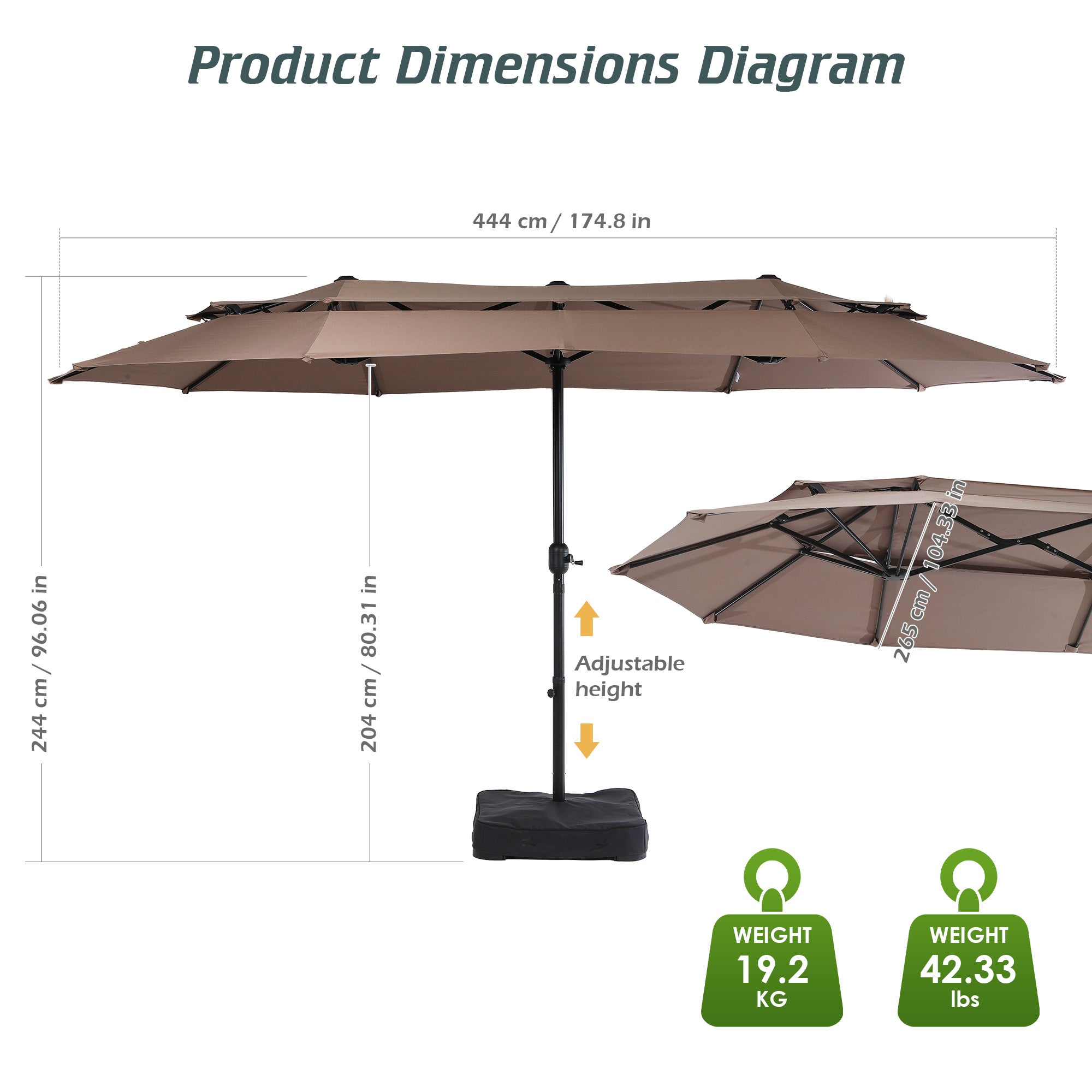 Nice C 13/15FT Large Double Sided Patio Umbrella with Crank (Khaki) | Large Market Umbrella, Wide Outdoor Shade, w/wo Base, Crank Lift, Poolside, Deck, Backyard, Patio, Garden, 13FT, 15FT