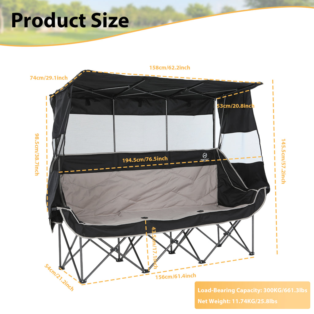 Nice C Triple Camping Loveseat with Shade, Folding 3-Seat Outdoor Chair with Cooler Bag &amp; Cup Holders, Padded for Comfort