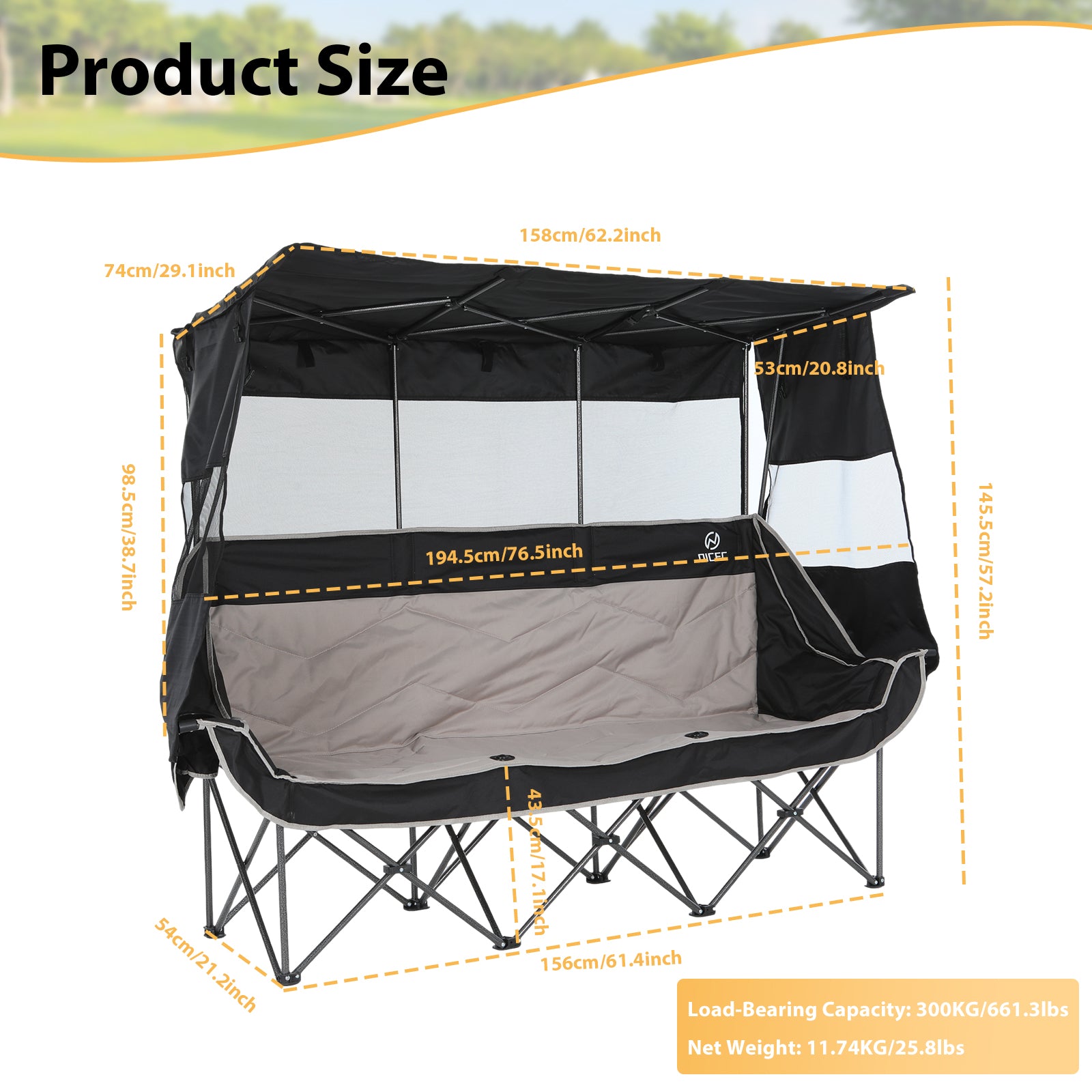 Nice C Triple Camping Loveseat with Shade, Folding 3-Seat Outdoor Chair with Cooler Bag &amp; Cup Holders, Padded for Comfort