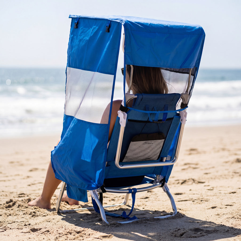Nice C 5 Position Reclining Backpack Beach Chair with Canopy (Blue, 1 Pack/2 Pack) | Folding Beach Chair, Headrest, Cooler Pocket, Cup Holder, Lightweight, Fishing, Travel