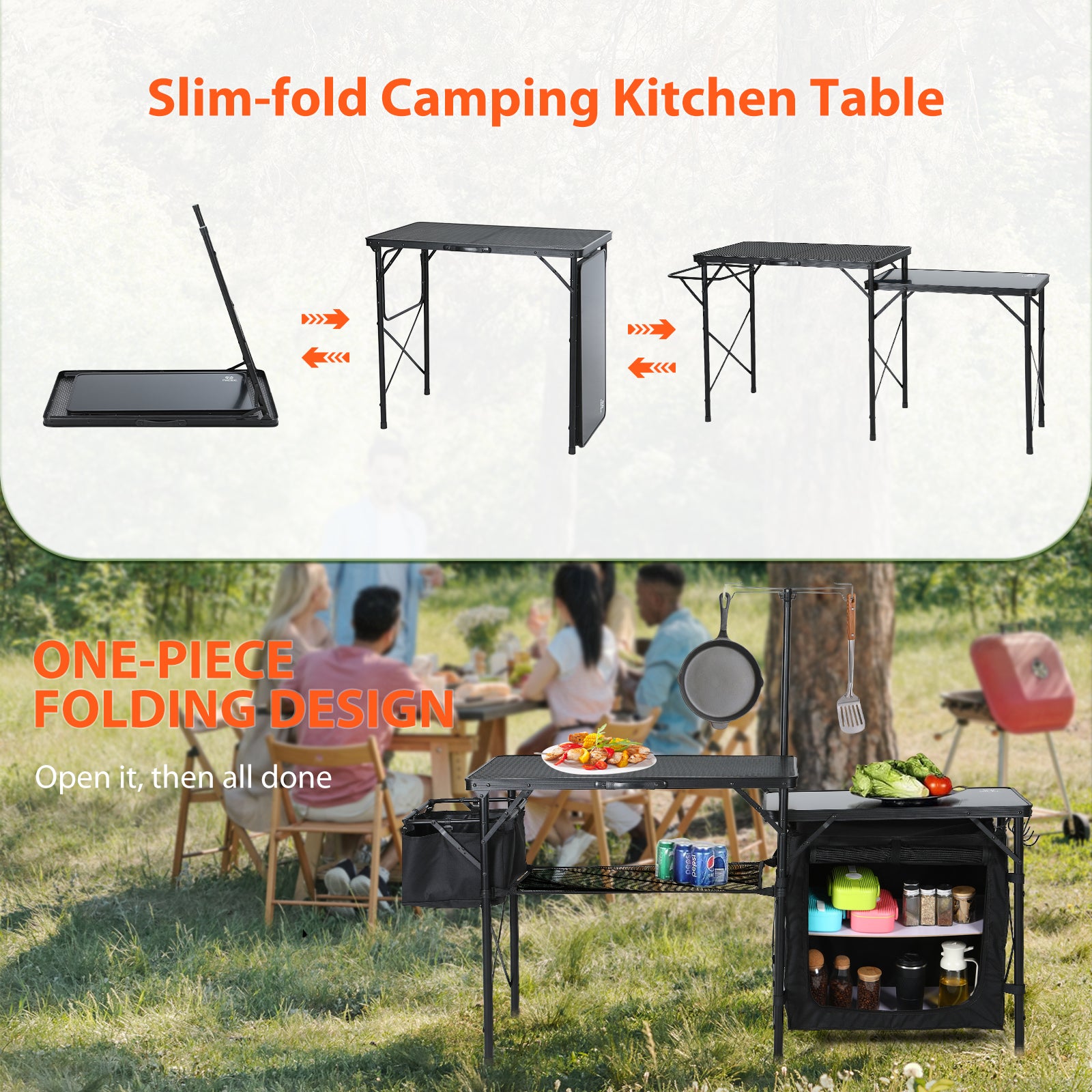 Nice C Camping Kitchen Table, Portable Folding Camp Cook Station (Black) | Grill Table for Blackstone Griddles, Storage Organizer, Light Pole, Outdoor, Picnic, Beach, RV Traveling