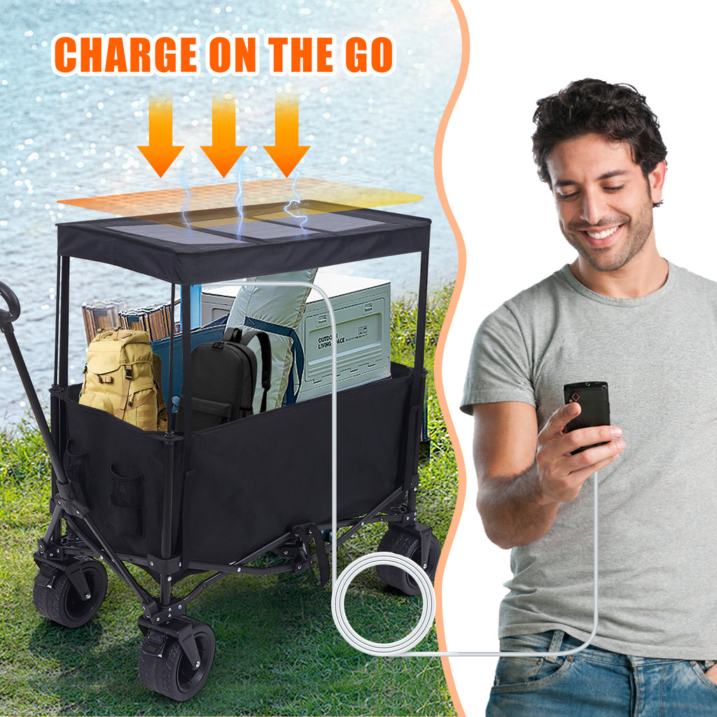 Nice C Foldable Wagon with Canopy &amp; 30W Solar Panel – All-Terrain Collapsible Wagon with USB, Type-C &amp; DC Charging