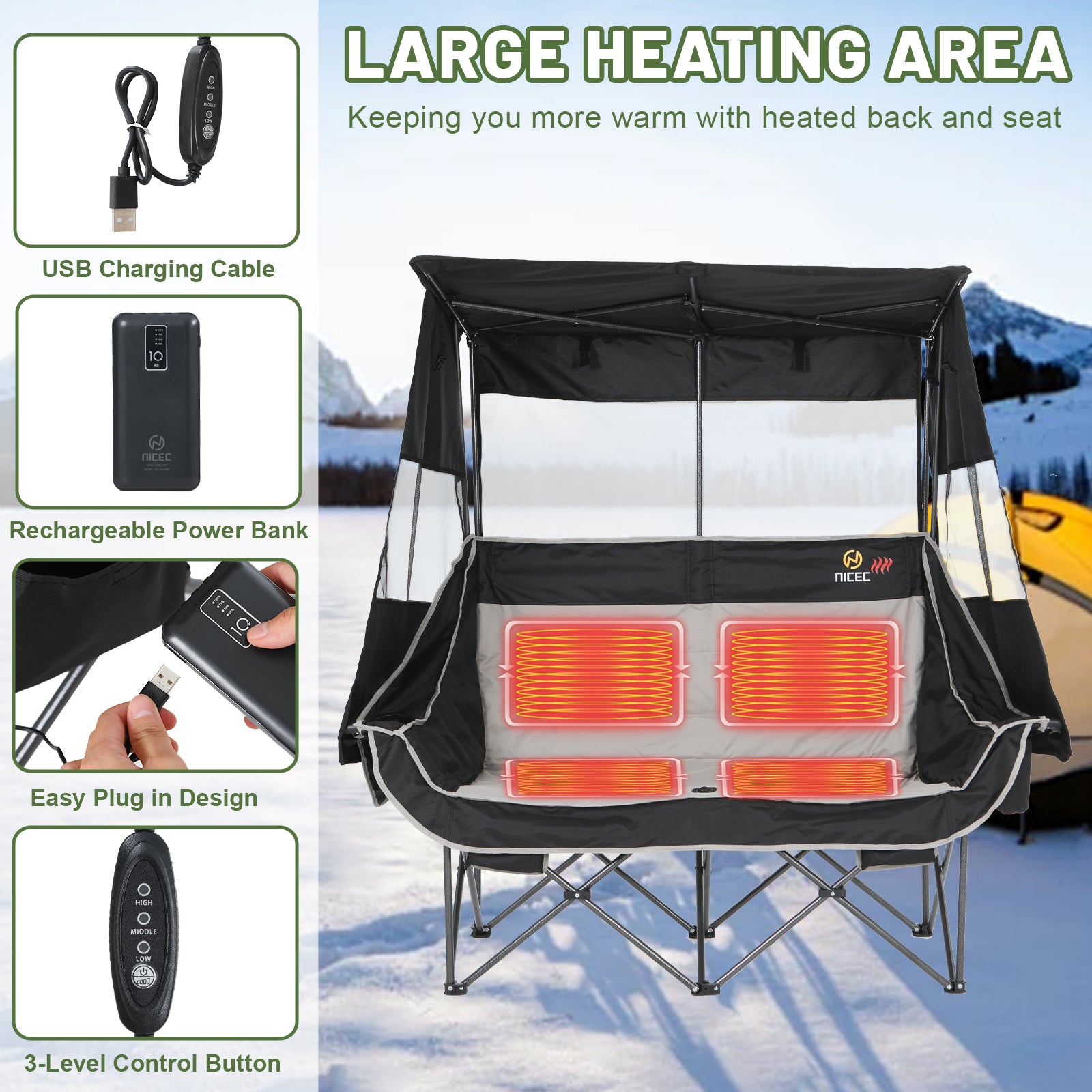 Nice C Double Heated Camping Loveseat – Folding Chair with Canopy, Battery, Cup Holder &amp; Cooler 