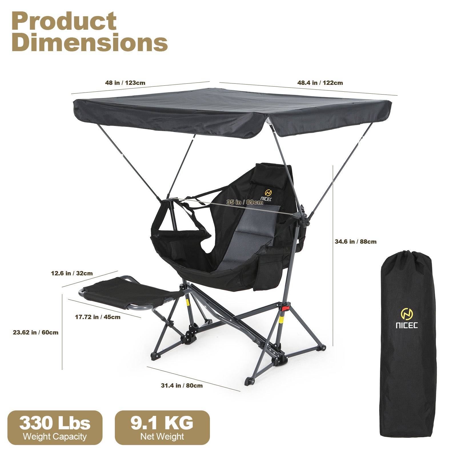 Nice C Hammock Chair with Adjustable Canopy & Detachable Footrest | Portable Swinging Chair, Folding Rocking Design, Cup Holder, Carry Bag, Camping, Beach, Backyard, Outdoor
