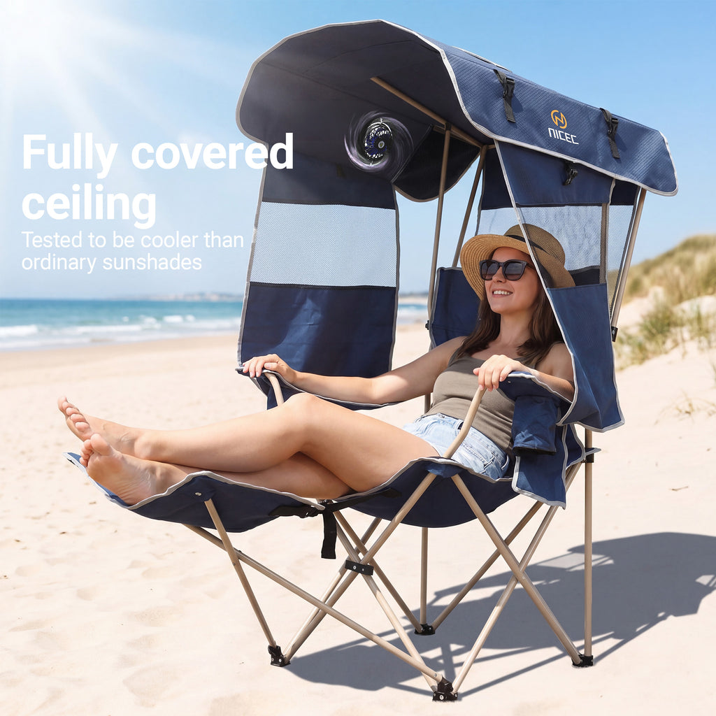Nice C Canopy Camping Chair with Fan, Folding Umbrella Chair (1 Pack/2 Pack, Blue) | Oversized Chair, USB Powered Cooling Chair, Canopy, Footrest, Side Shade, Outdoor, Camping, Sports, Beach
