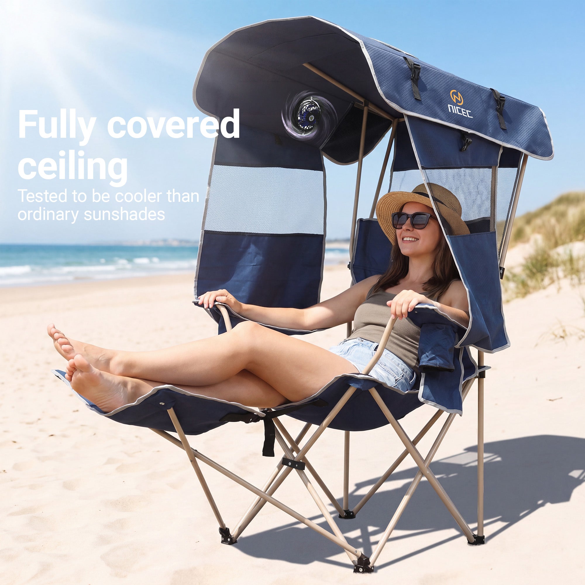 Nice C Canopy Camping Chair with Fan, Folding Umbrella Chair (1 Pack/2 Pack, Blue) | Oversized Chair, USB Powered Cooling Chair, Canopy, Footrest, Side Shade, Outdoor, Camping, Sports, Beach