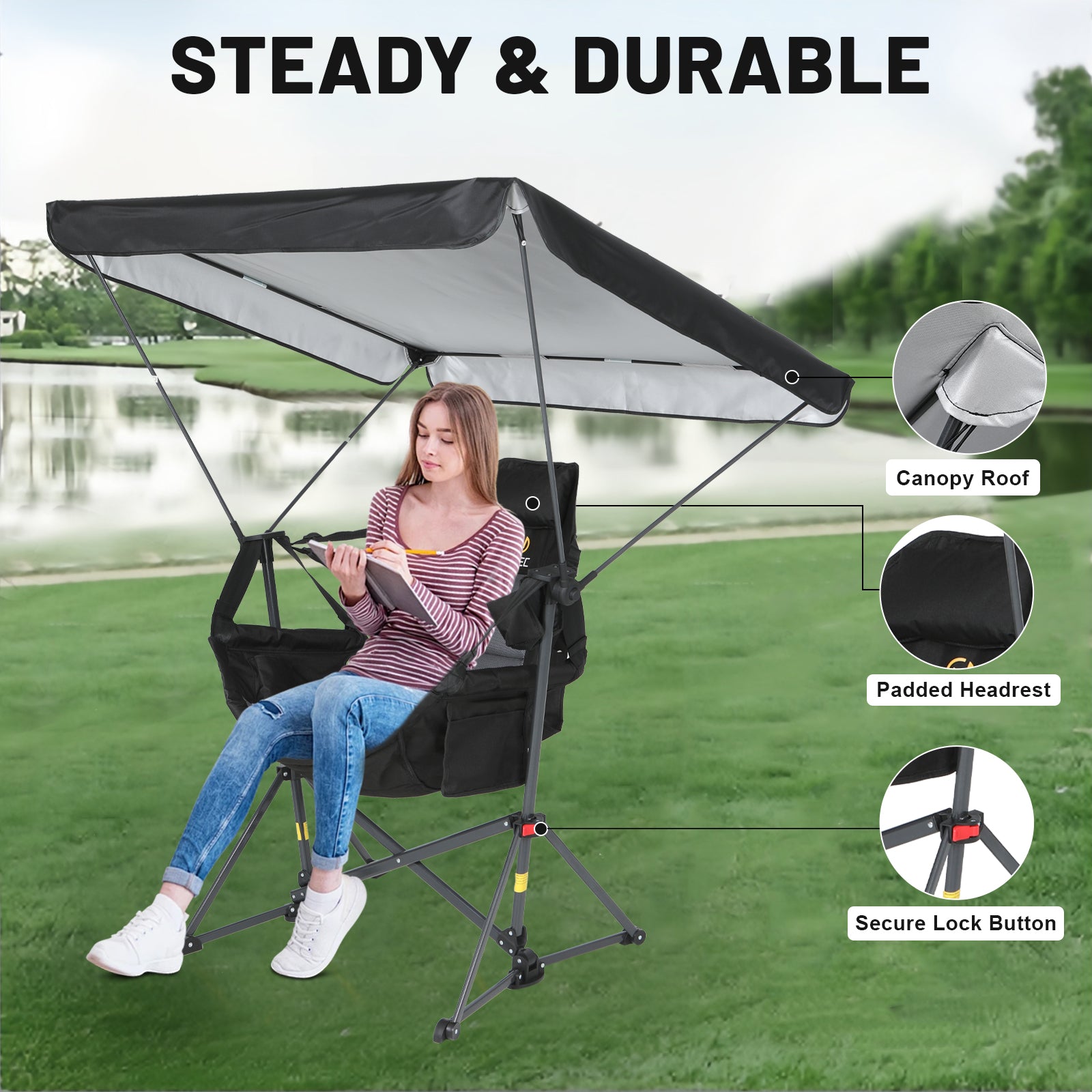 Nice C Rocking Hammock Camping Chair – Swing Seat with Adjustable Canopy Shade, Cup Holder, Portable &amp; Foldable 