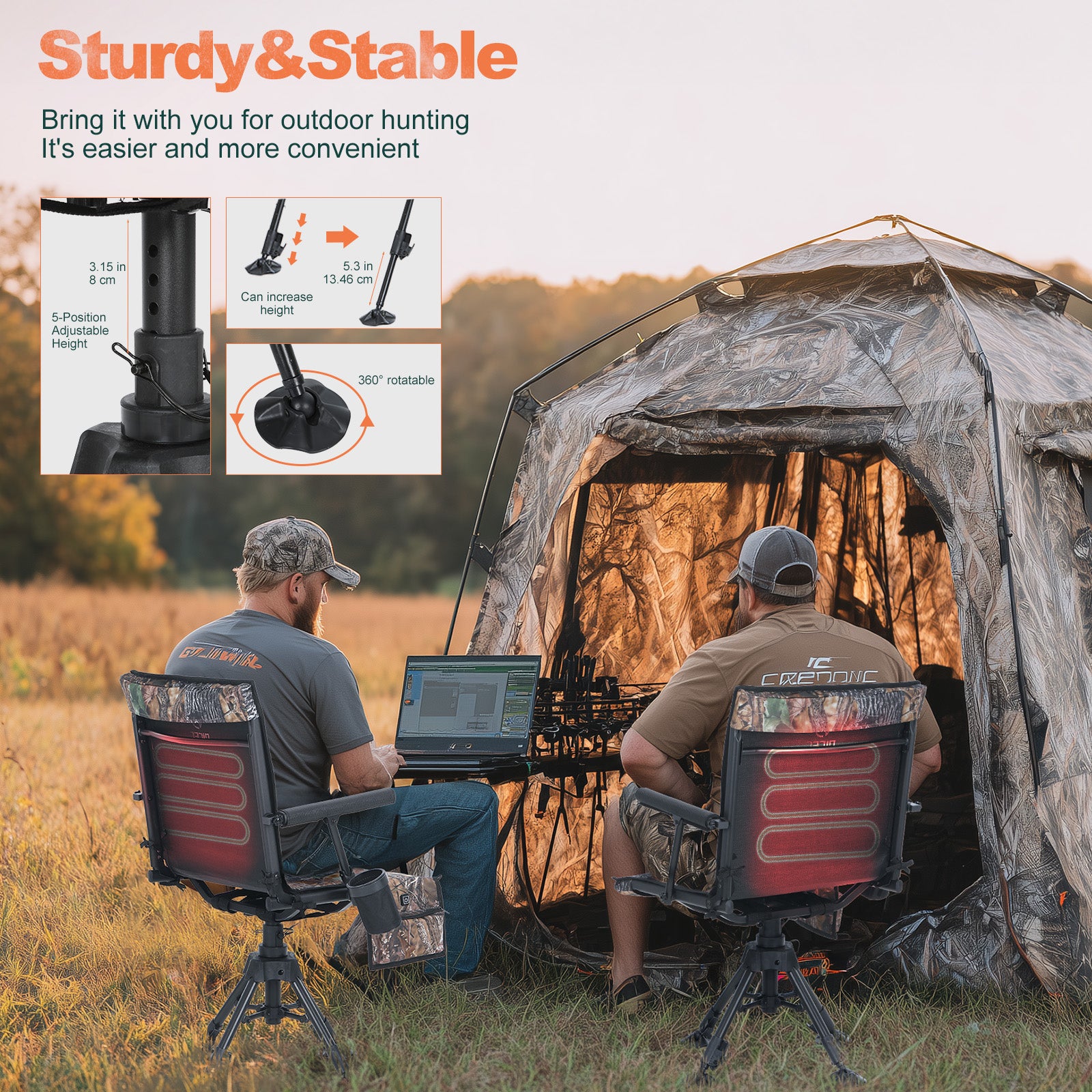 Nice C Heated Hunting Chair, Silent 360° Swivel Blind Chair, Adjustable Height, Portable Outdoor Hunting Seat