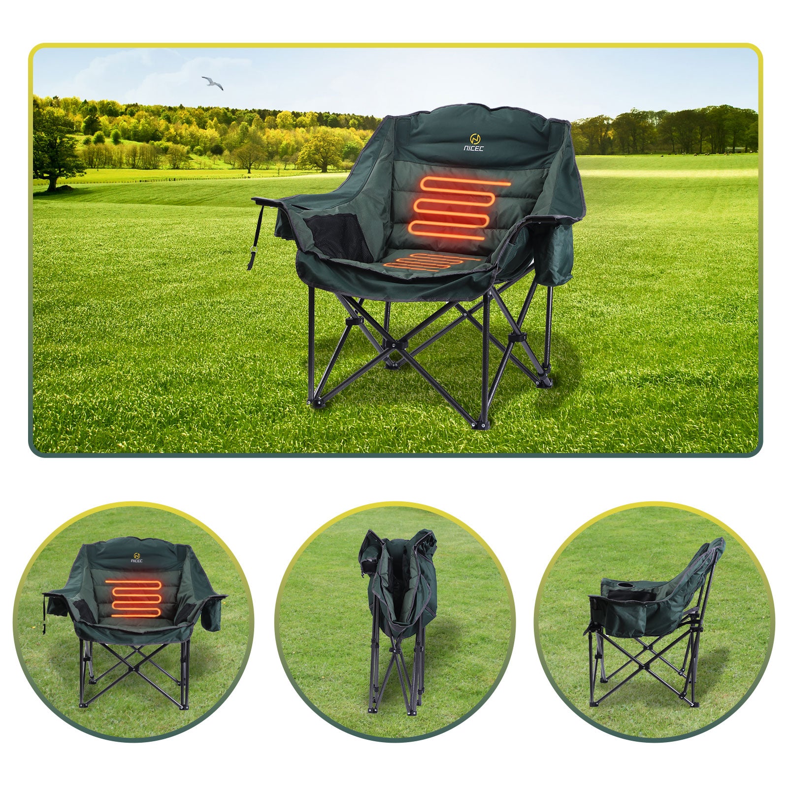 Nice C Heated XL Padded Camping Chair with Battery &amp; Cooler Bag 