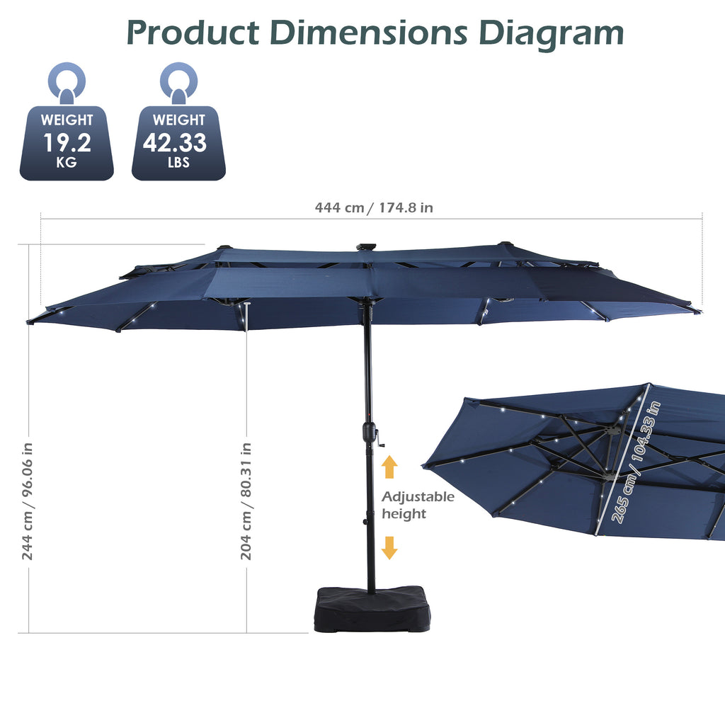 Nice C 13/15FT Lighted Double Layer Patio Umbrella with Crank (Blue) | Rectangular Market Umbrella, LED Lights, Large Outdoor Shade, Poolside, Deck, Backyard, Patio, Garden, 13FT, 15FT