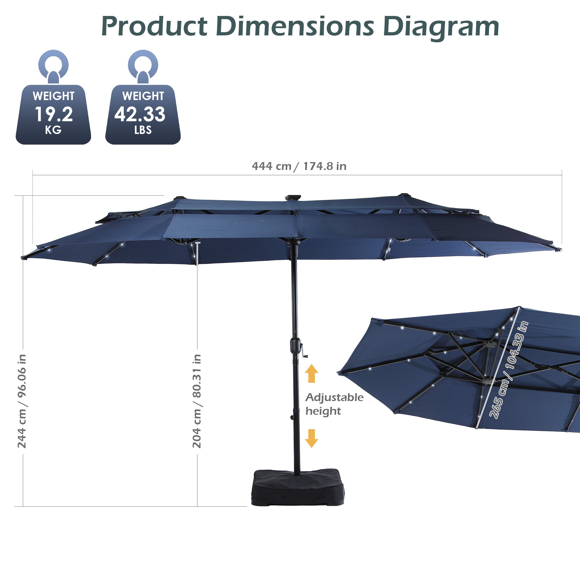 Nice C 13/15FT Lighted Double Layer Patio Umbrella with Crank (Blue) | Rectangular Market Umbrella, LED Lights, Large Outdoor Shade, Poolside, Deck, Backyard, Patio, Garden, 13FT, 15FT