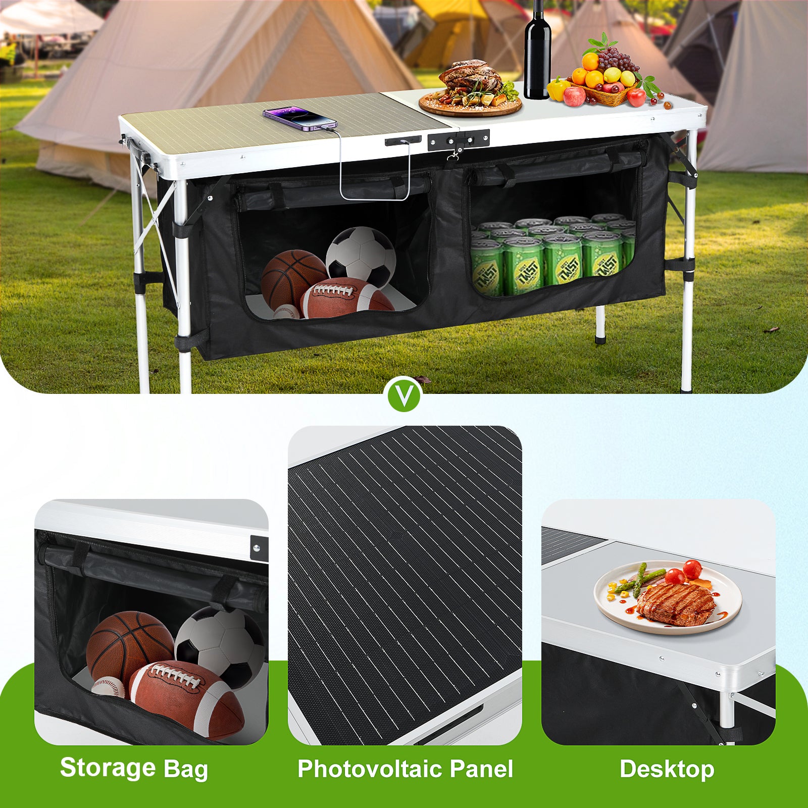 Nice C 45W Solar Folding Camping Table with Storage, USB/Type-C/DC Output, Outdoor Picnic &amp; BBQ