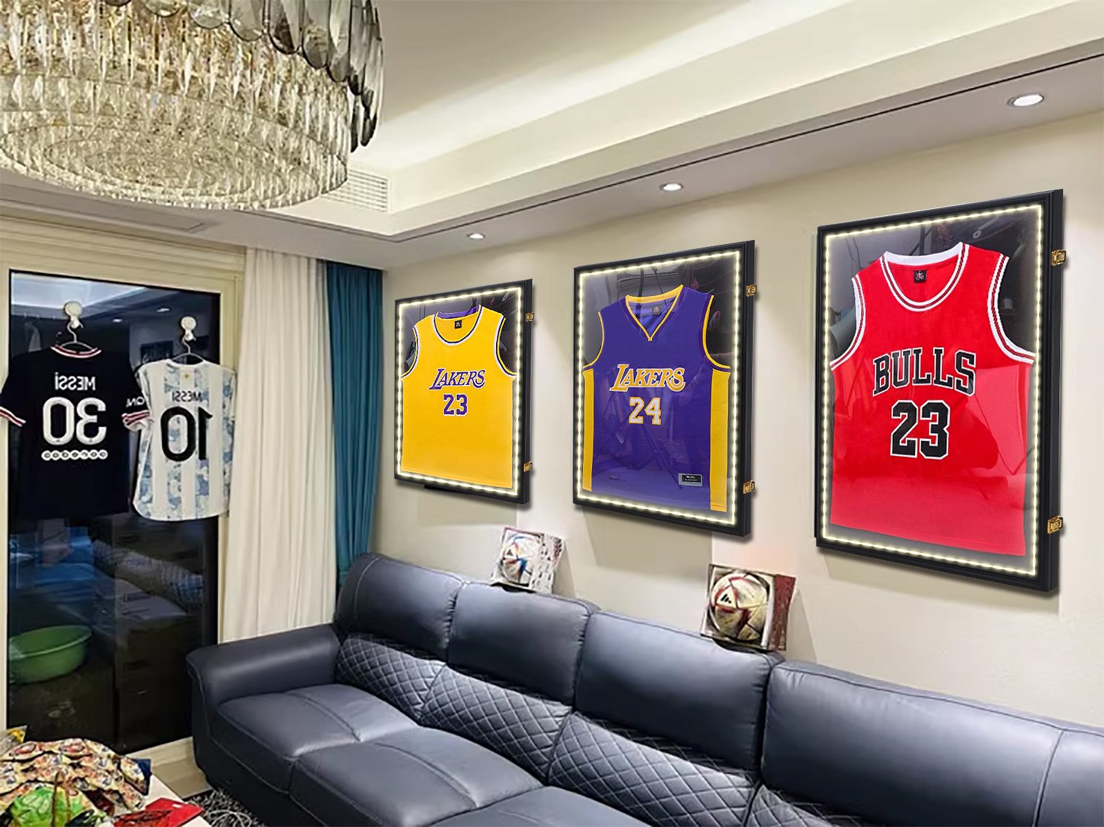 Nice C Lighted Jersey Frame, LED Display Case for Football &amp; Basketball, Valet Pinboard 