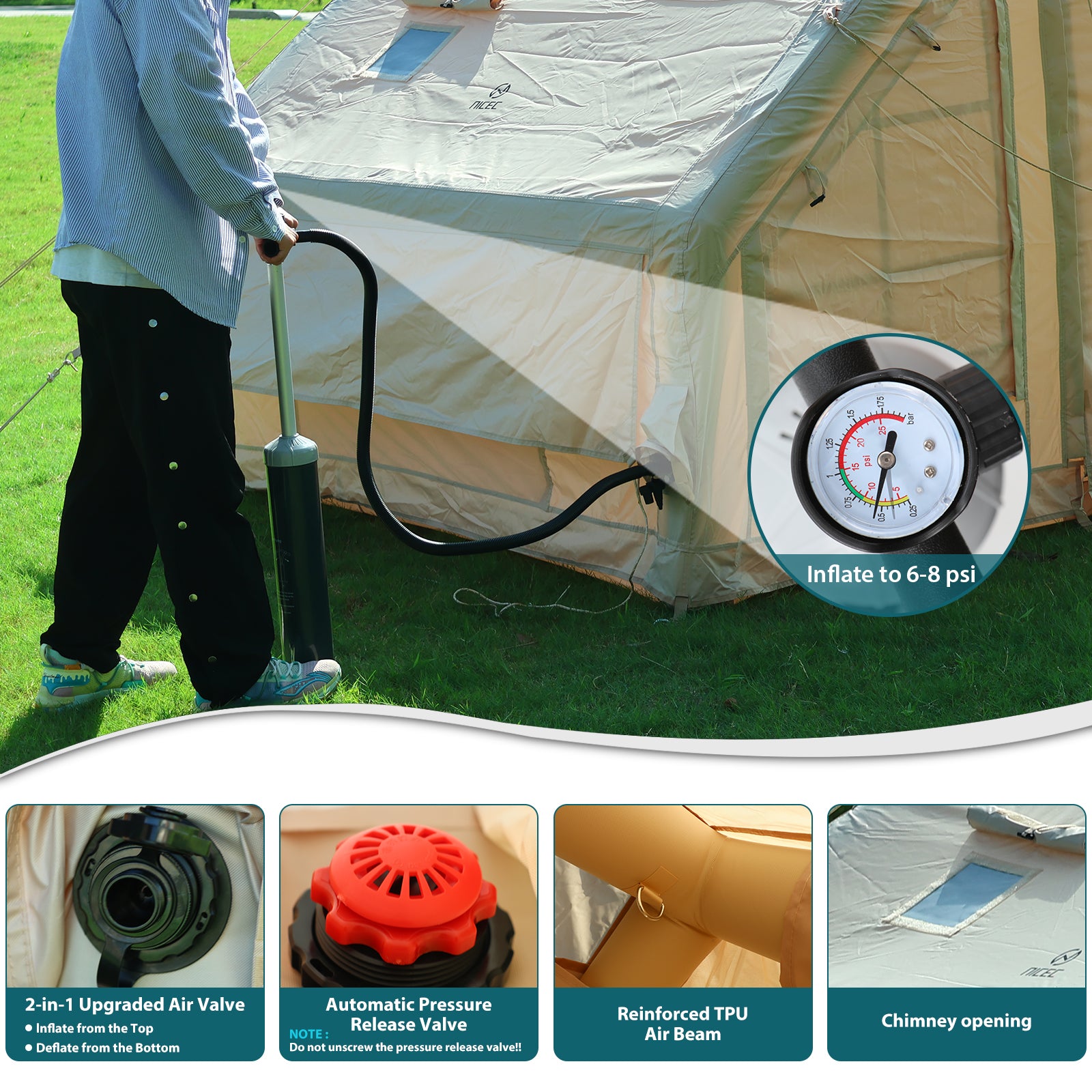 Nice C 6-Person Inflatable Camping Tent, Glamping Tent with Air Pump, Waterproof &amp; Windproof, Easy Setup
