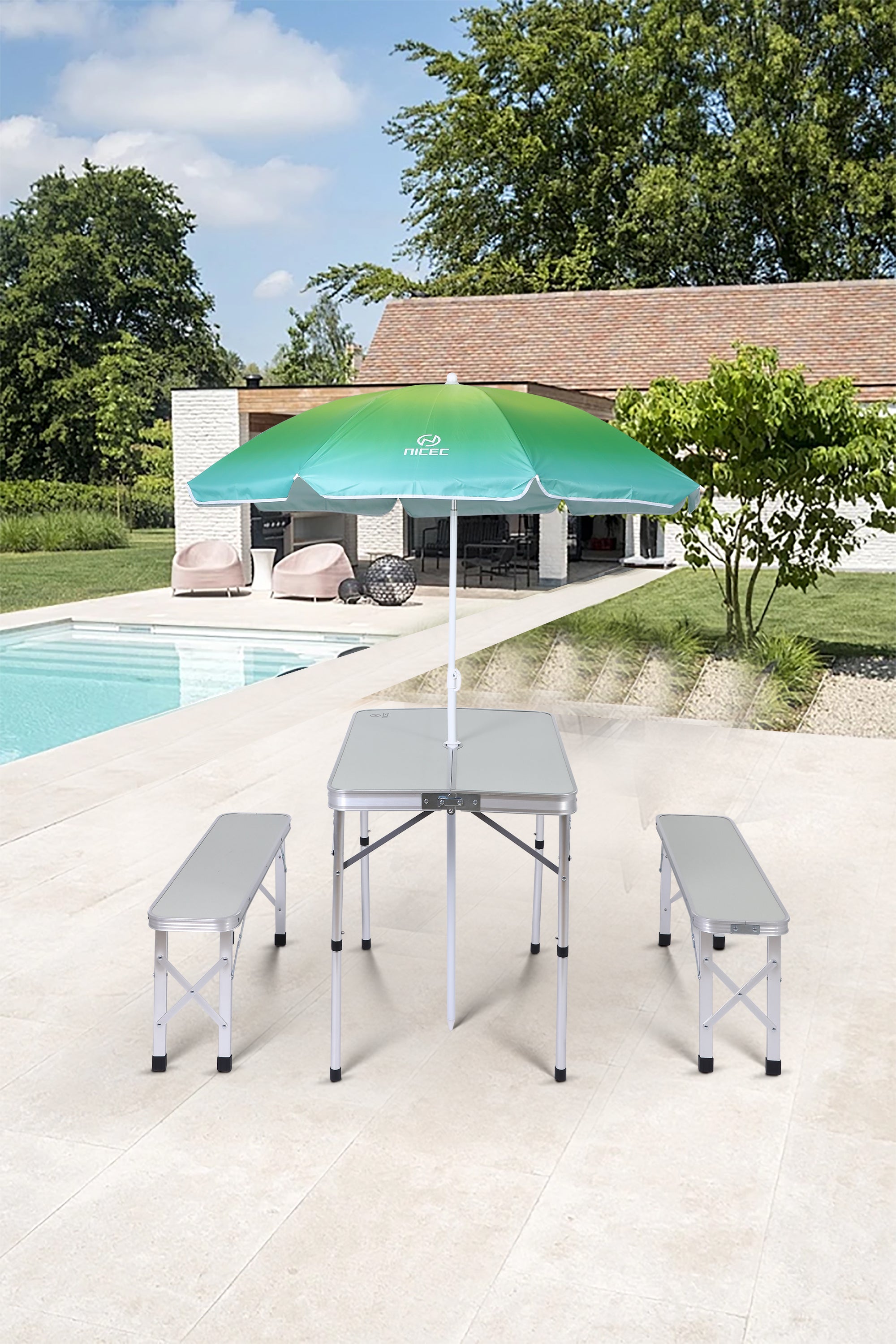 Nice C Picnic Table, Folding Picnic Table and Umbrella, Camping Table with 2 Benches and Umbrella, Mesh net for Backyard, Party, Outdoor, Patio, Lawn