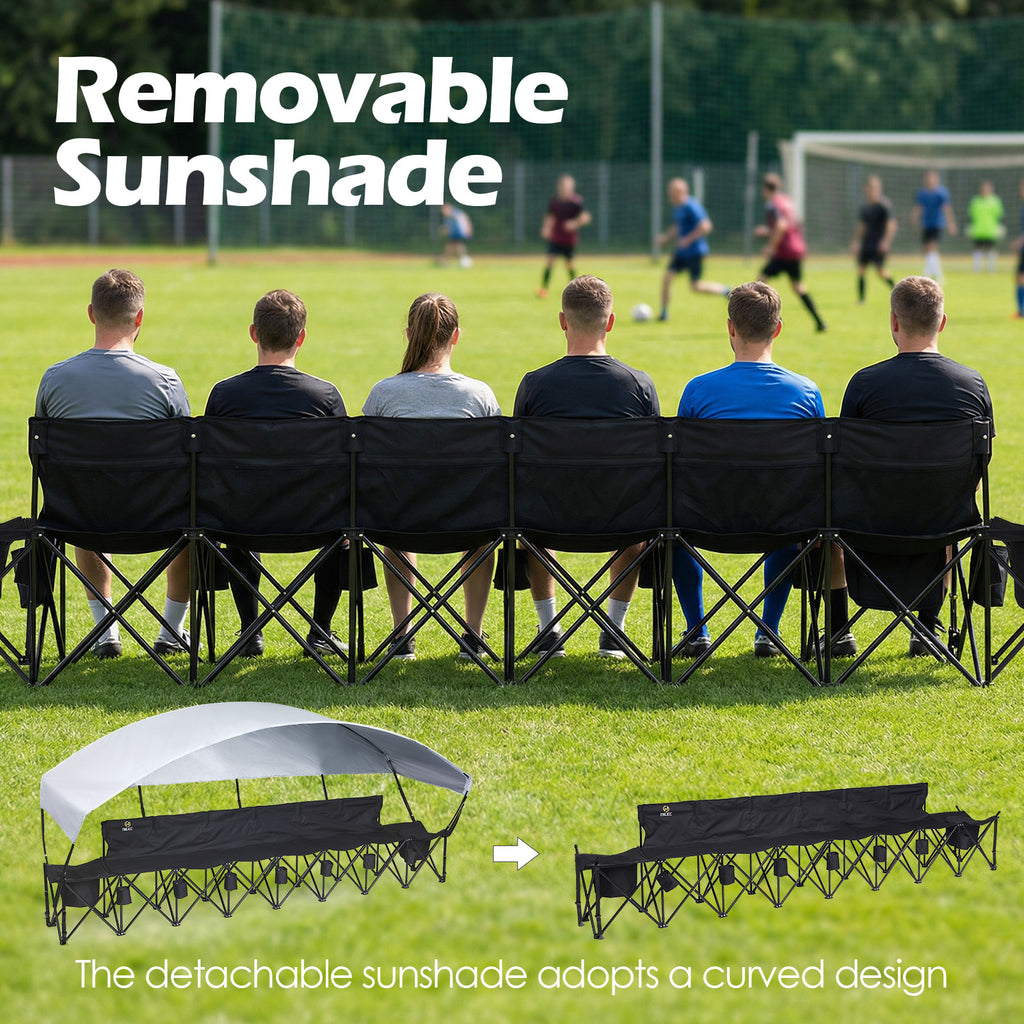 Nice C 6 Seat Folding Team Bench with Canopy & Cooler (Black) | Sun Shade, Portable Soccer Bench, Canopy Chair, Cup Holders, Cooler Bag, Soccer, Football, Basketball, Camping, Events
