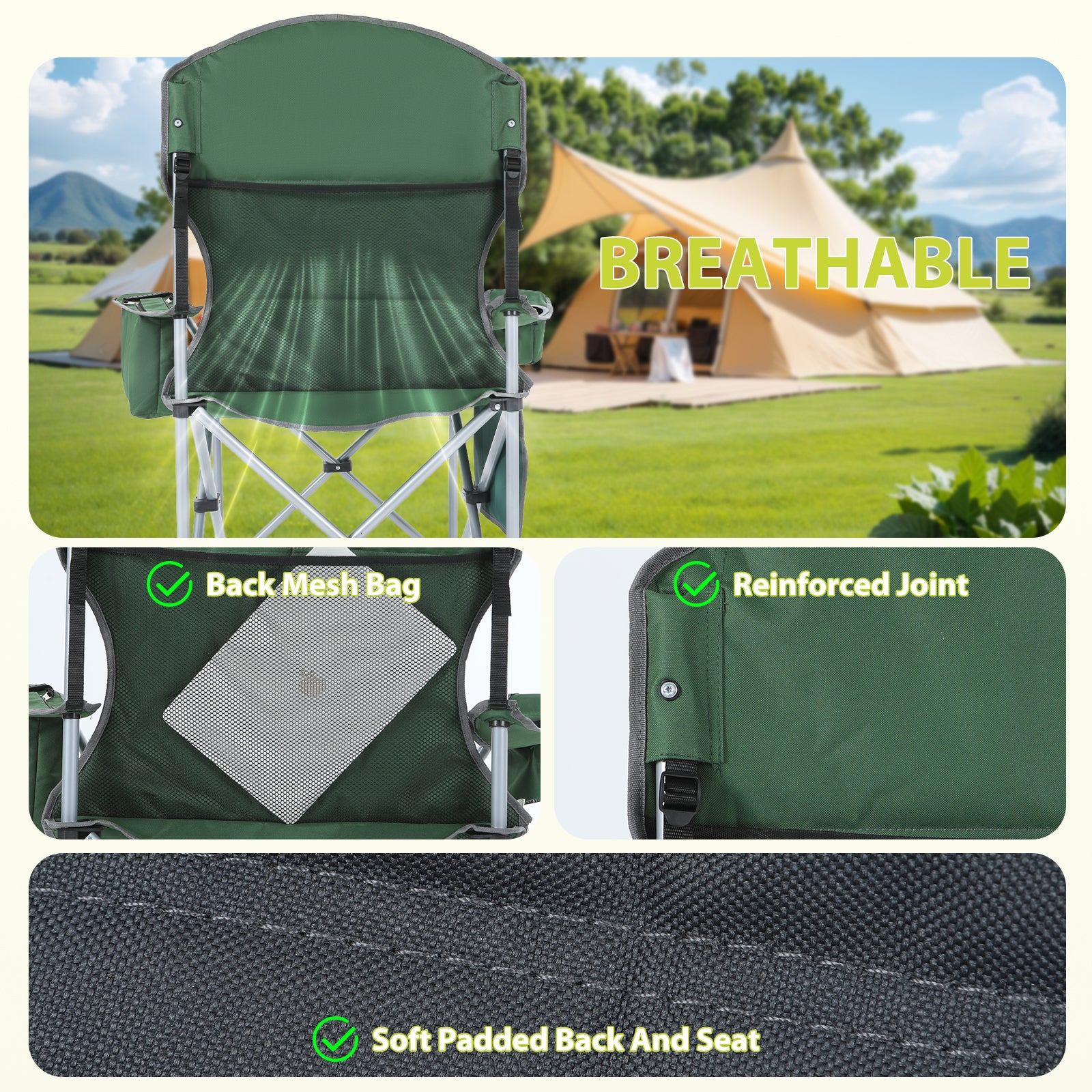 Nice C Portable Camping Chair with Armrest, Cooler Bag, Cup Holder &amp; Side Pocket 