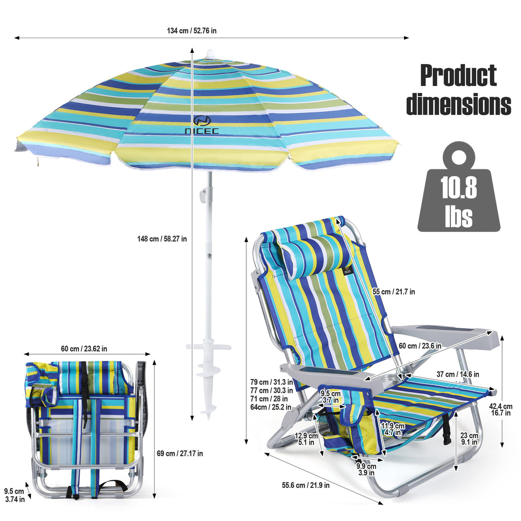Nice C Backpack Beach Chair with Umbrella, Stripe Sand Lake Chair (1 Pack/2 Pack) | Low Beach Chair, Backpack Beach Chair, Sillas De Playa, High Back, Cooler, Cup Holder, Heavy Duty, Adults