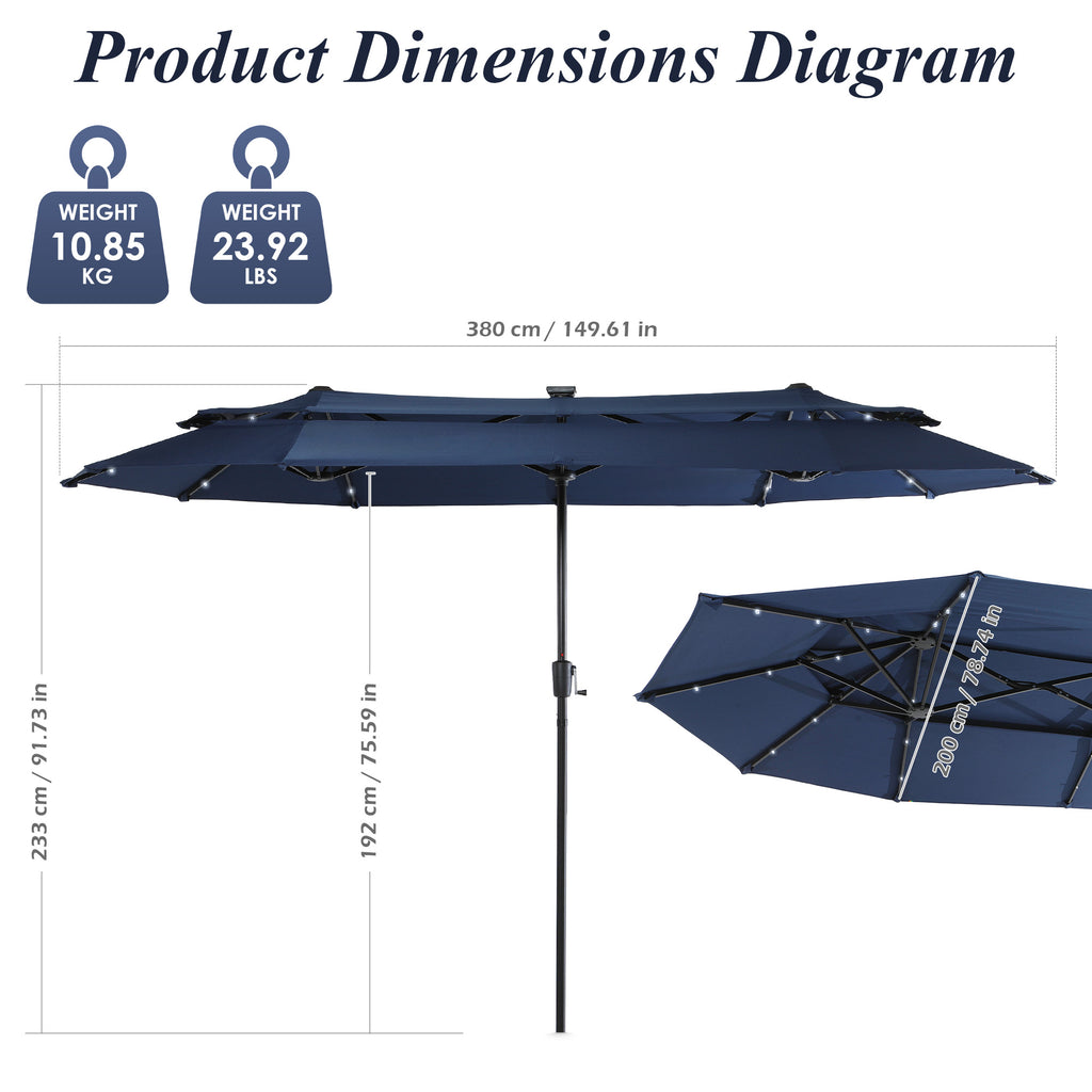Nice C 13/15FT Lighted Double Layer Patio Umbrella with Crank (Blue) | Rectangular Market Umbrella, LED Lights, Large Outdoor Shade, Poolside, Deck, Backyard, Patio, Garden, 13FT, 15FT