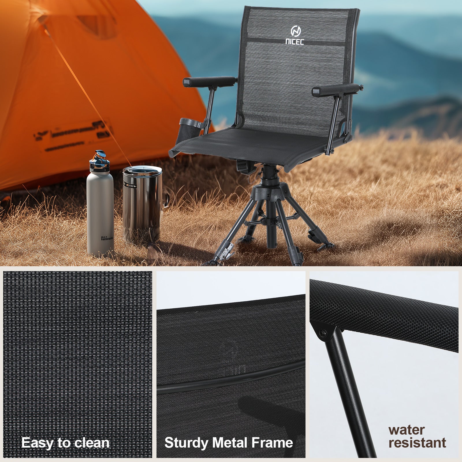 Nice C 360° Swivel Hunting Chair, Silent Rotating Blind Chair with Adjustable Height, Armrest &amp; No-Sink Feet