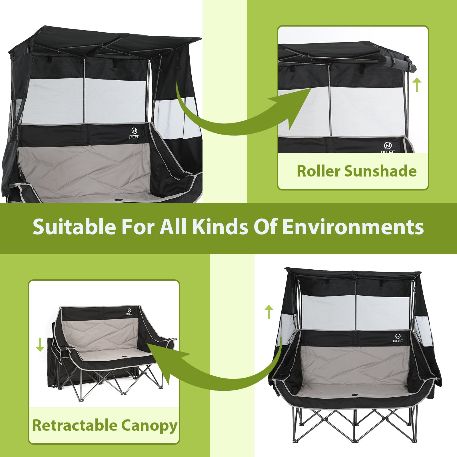 Nice C Double Loveseat Camping Chair with Sun Shade – Portable Folding Outdoor Chair with Cooler, Cup Holders &amp; Storage Pockets for Picnic, Lawn, Sports, Beach 