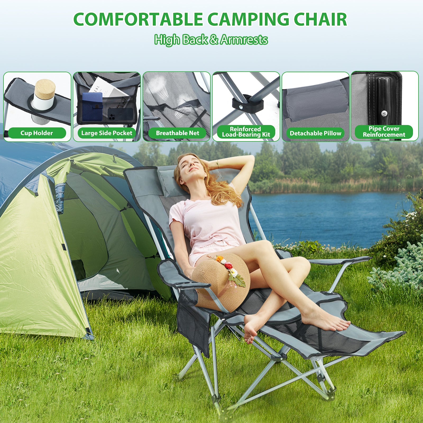 Nice C Adjustable Camping Recliner Chair with Footrest, Headrest &amp; Cup Holder 