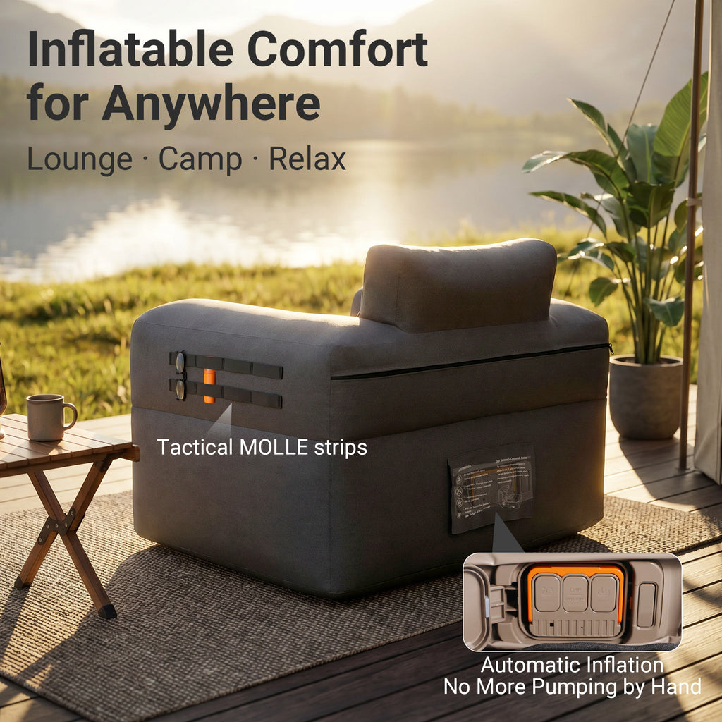 Nice C Inflatable Blow Up Camping Couch with Built-in Pump (1/2 Person) | Portable Inflatable Sofa, Built-in Electric Pump, Cup Holder, Storage Pocket, MOLLE Straps, Camping, Outdoor Lounger, Adults