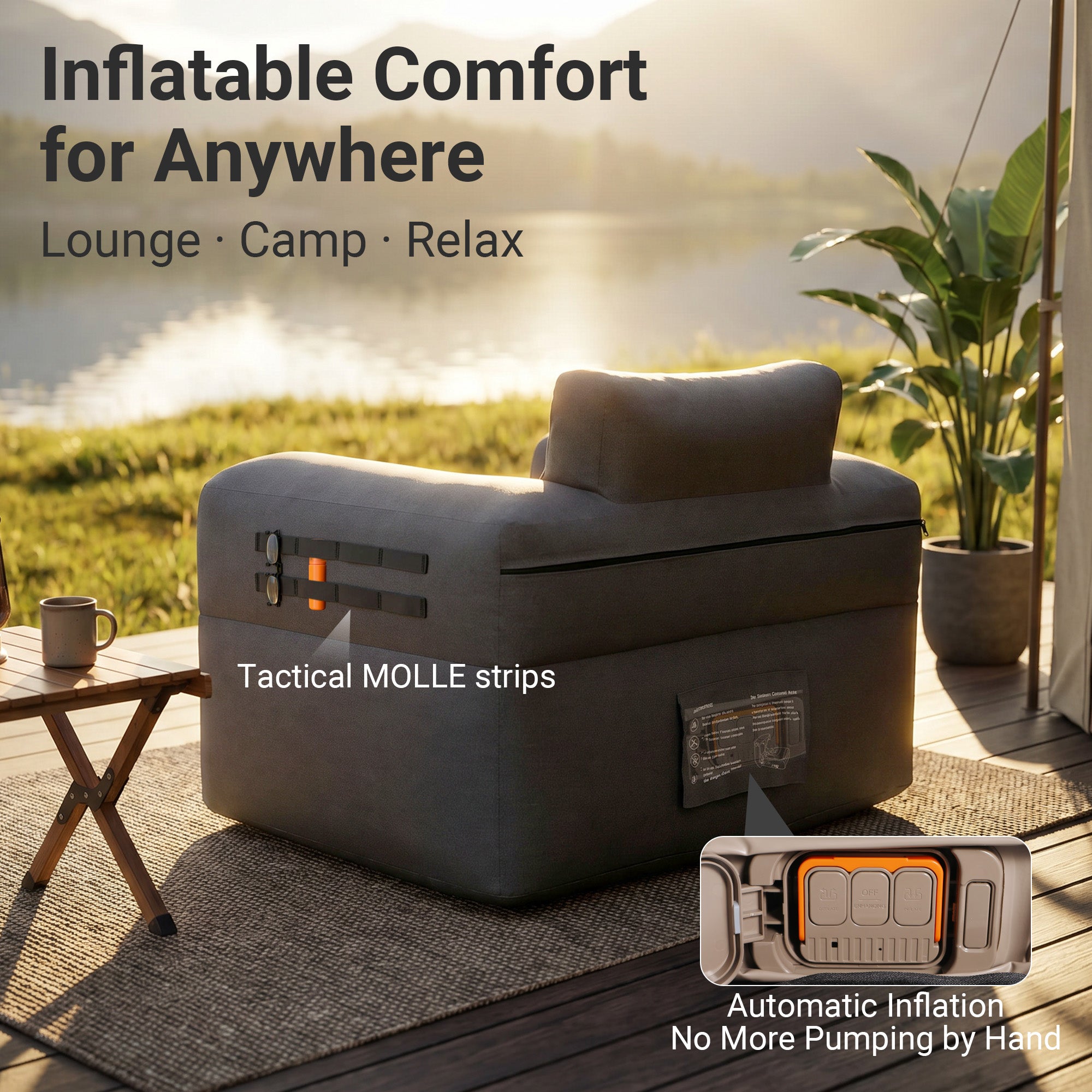 Nice C Inflatable Blow Up Camping Couch with Built-in Pump (1/2 Person) | Portable Inflatable Sofa, Built-in Electric Pump, Cup Holder, Storage Pocket, MOLLE Straps, Camping, Outdoor Lounger, Adults