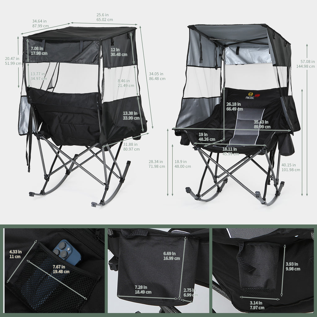 Nice C Heated XL Rocking Camping Chair with Canopy (1 Pack/2 Pck Heating, Black) | Outdoor Chair, Folding Rocker, Umbrella Chair, With Shade, Cup Holder, Cooler Bag, Sports, Patio, Backyard