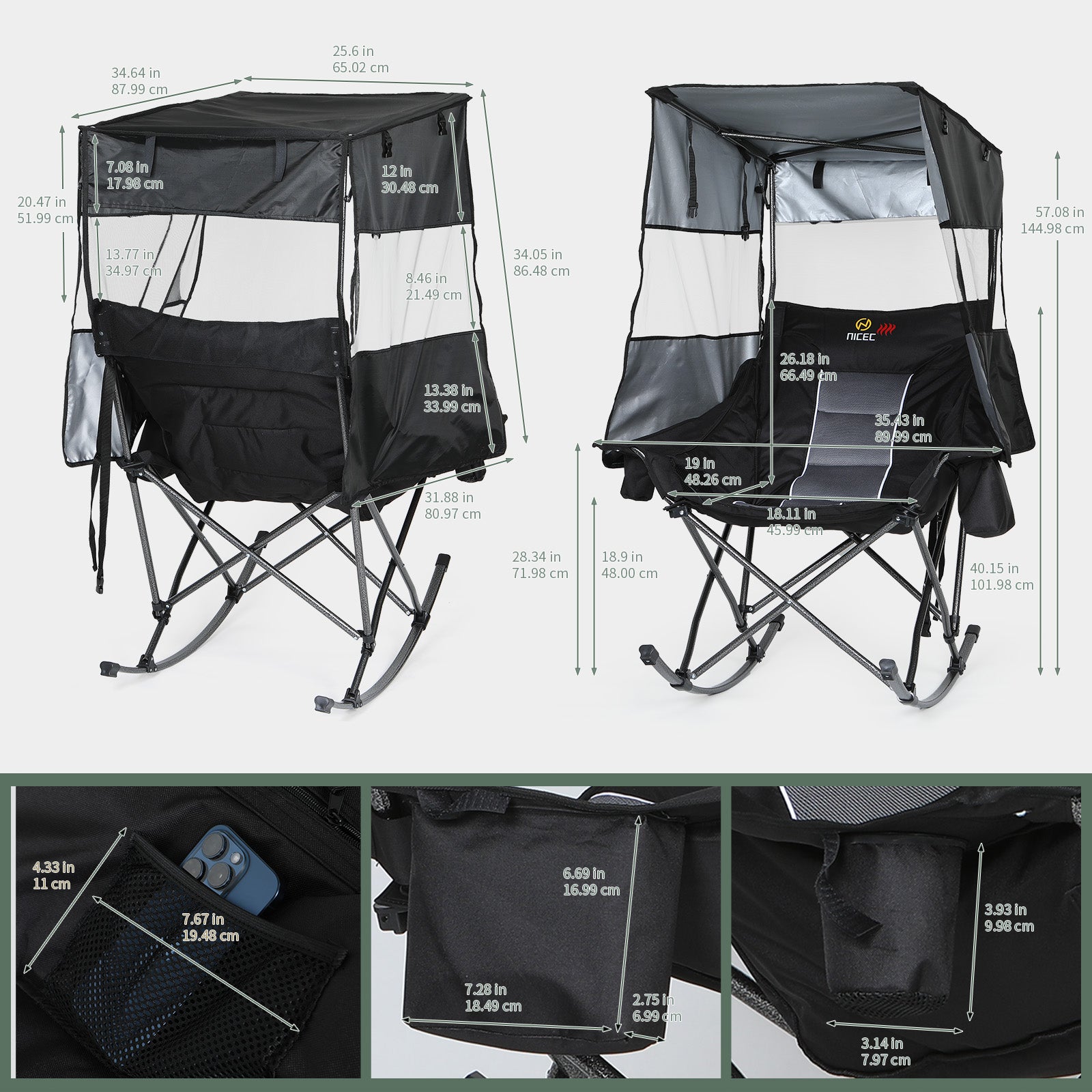 Nice C Heated XL Rocking Camping Chair with Canopy (1 Pack/2 Pck Heating, Black) | Outdoor Chair, Folding Rocker, Umbrella Chair, With Shade, Cup Holder, Cooler Bag, Sports, Patio, Backyard