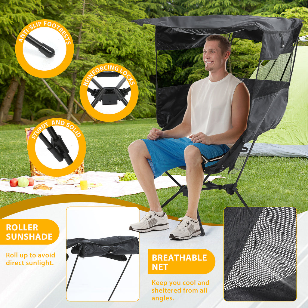 Nice C Camping Chair with Canopy, Ultralight Chair with Shade (1 Pack/2 Pack) | Compact Backpack Folding Chair, Portable Fishing Chair, Travel, Picnic, Festival, Hiking, Sports, Outdoor
