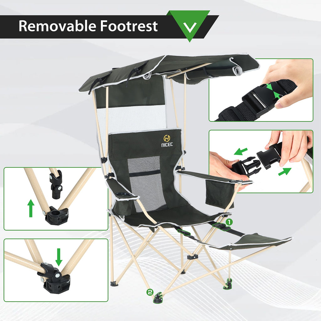Nice C Camping Chair with Canopy &amp; Removable Footrest, Cooler Bag &amp; Cup Holder 