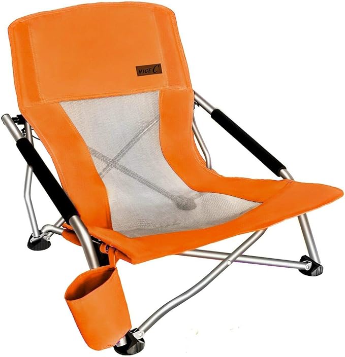 Nice C Folding Low Beach Chair for Adults – Sling Seat with Cup Holder