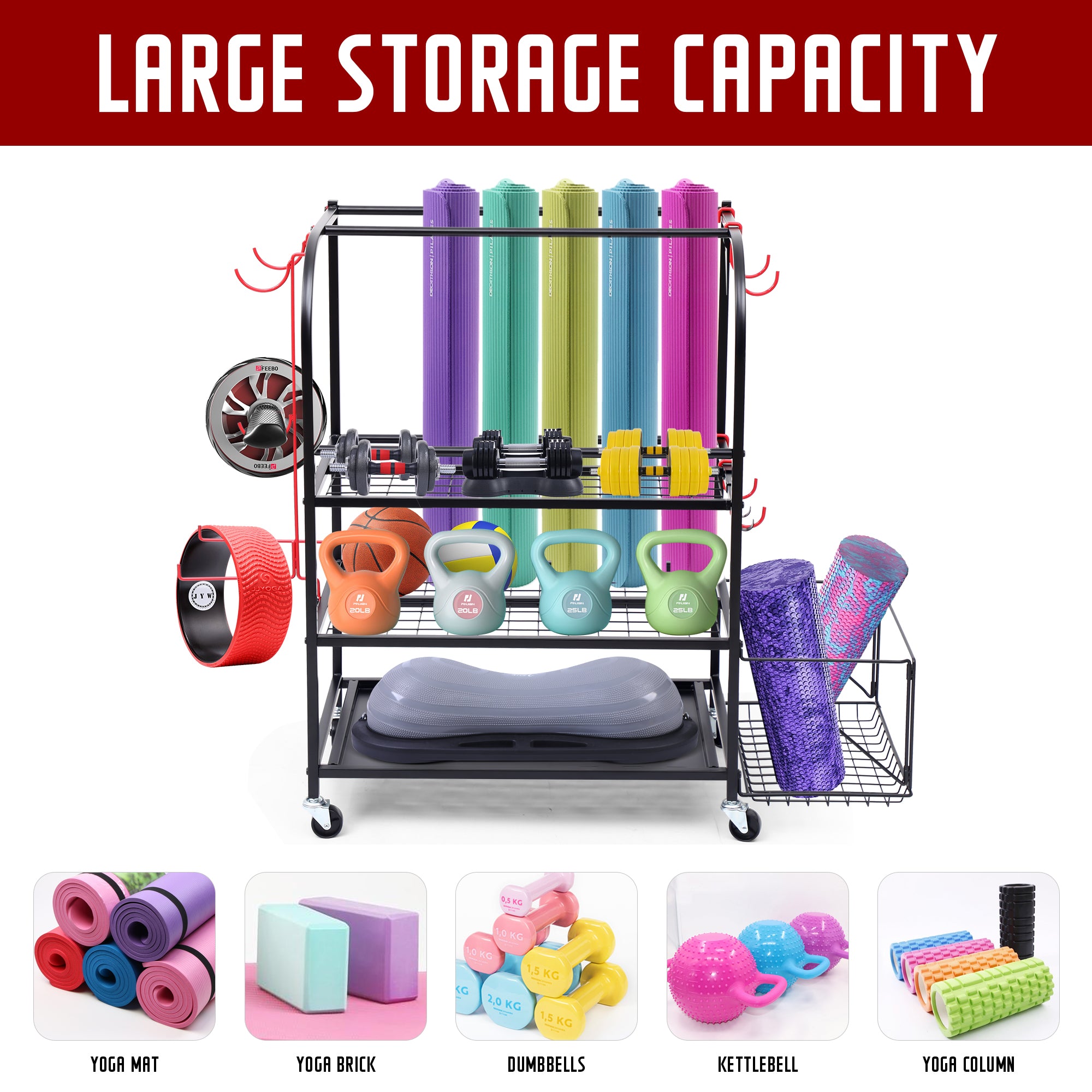 Nice C Outdoor Toy Storage, Garage Organization, Sports Equipment Organizer, Rolling Garage Storage System, Ball Storage Rack, Yoga Mat Storage with Hooks and Basket (3-Layer-Curved)