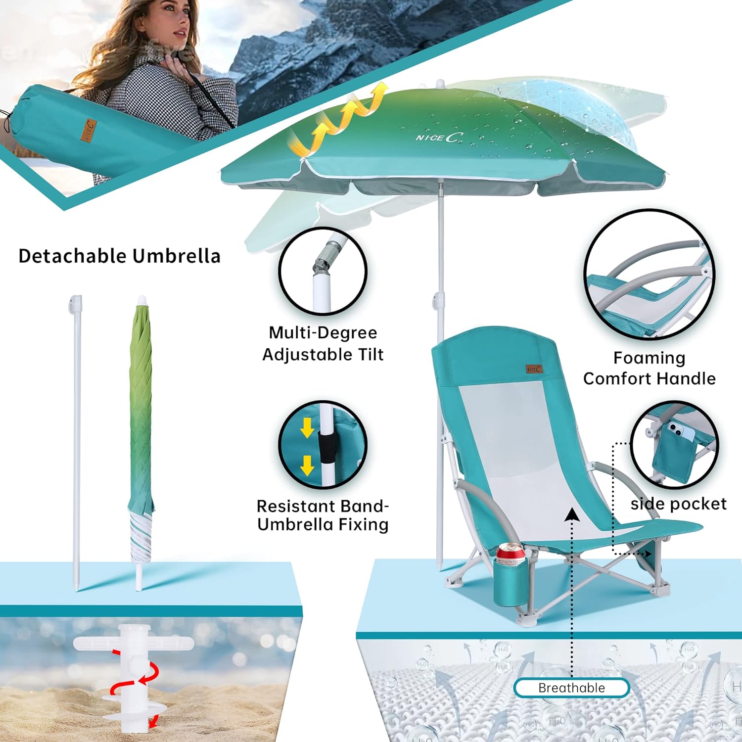 Nice C Beach Chair with Umbrella &amp; Cooler – High Back, Cup Holder, Carry Bag