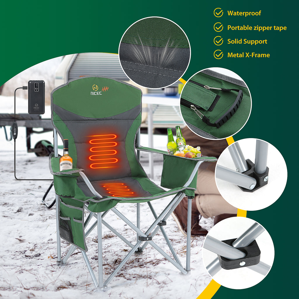 Green &amp; Gray Nice C Heated Camping Chair with Battery, Folding Outdoor Chair with Cooler &amp; Power Bank 