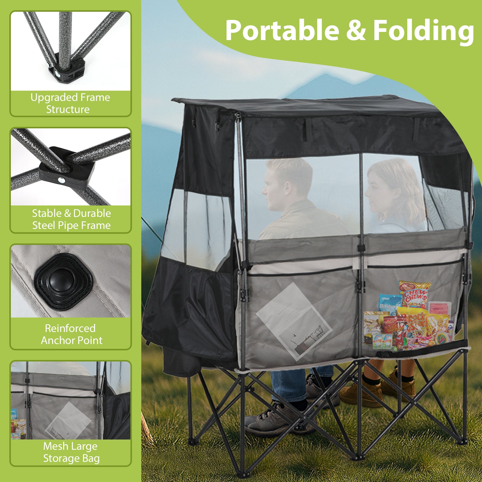 Nice C Double Loveseat Camping Chair with Sun Shade – Portable Folding Outdoor Chair with Cooler, Cup Holders &amp; Storage Pockets for Picnic, Lawn, Sports, Beach 