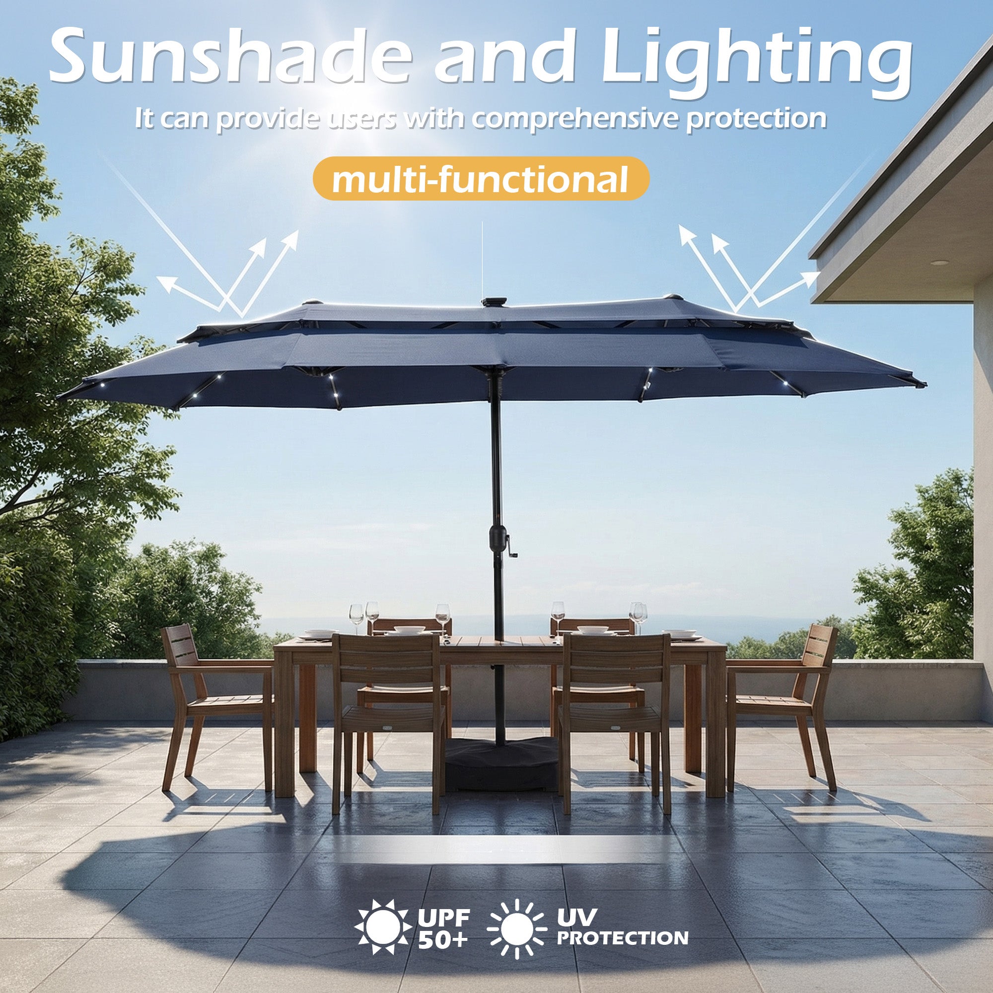 Nice C 13/15FT Lighted Double Layer Patio Umbrella with Crank (Blue) | Rectangular Market Umbrella, LED Lights, Large Outdoor Shade, Poolside, Deck, Backyard, Patio, Garden, 13FT, 15FT
