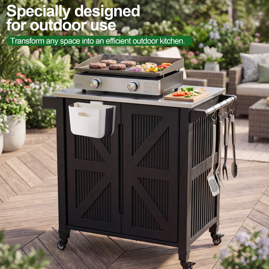 Nice C Grill Cart with Wheels, Outdoor Kitchen Island for Blackstone | Outdoor Grill Station, Stainless Steel Tabletop, Plastic Grill Cart, Storage Cabinet, Food Prep Table, Dining Cart