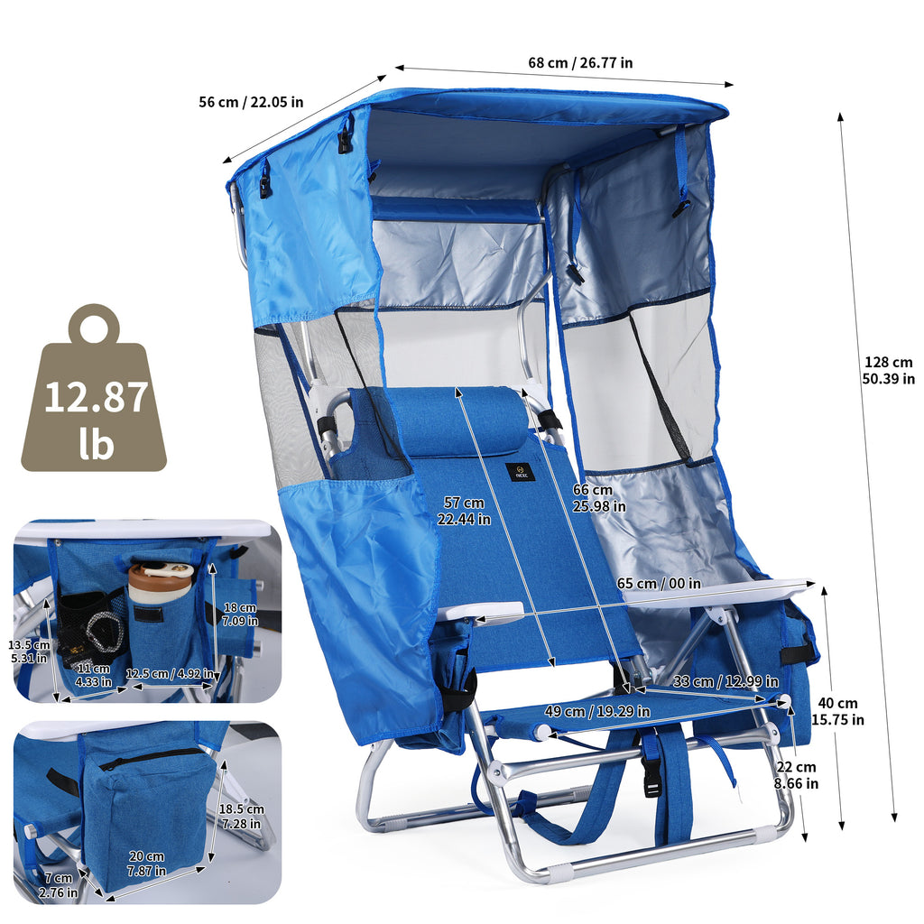 Nice C 5 Position Reclining Backpack Beach Chair with Canopy (Blue, 1 Pack/2 Pack) | Folding Beach Chair, Headrest, Cooler Pocket, Cup Holder, Lightweight, Fishing, Travel