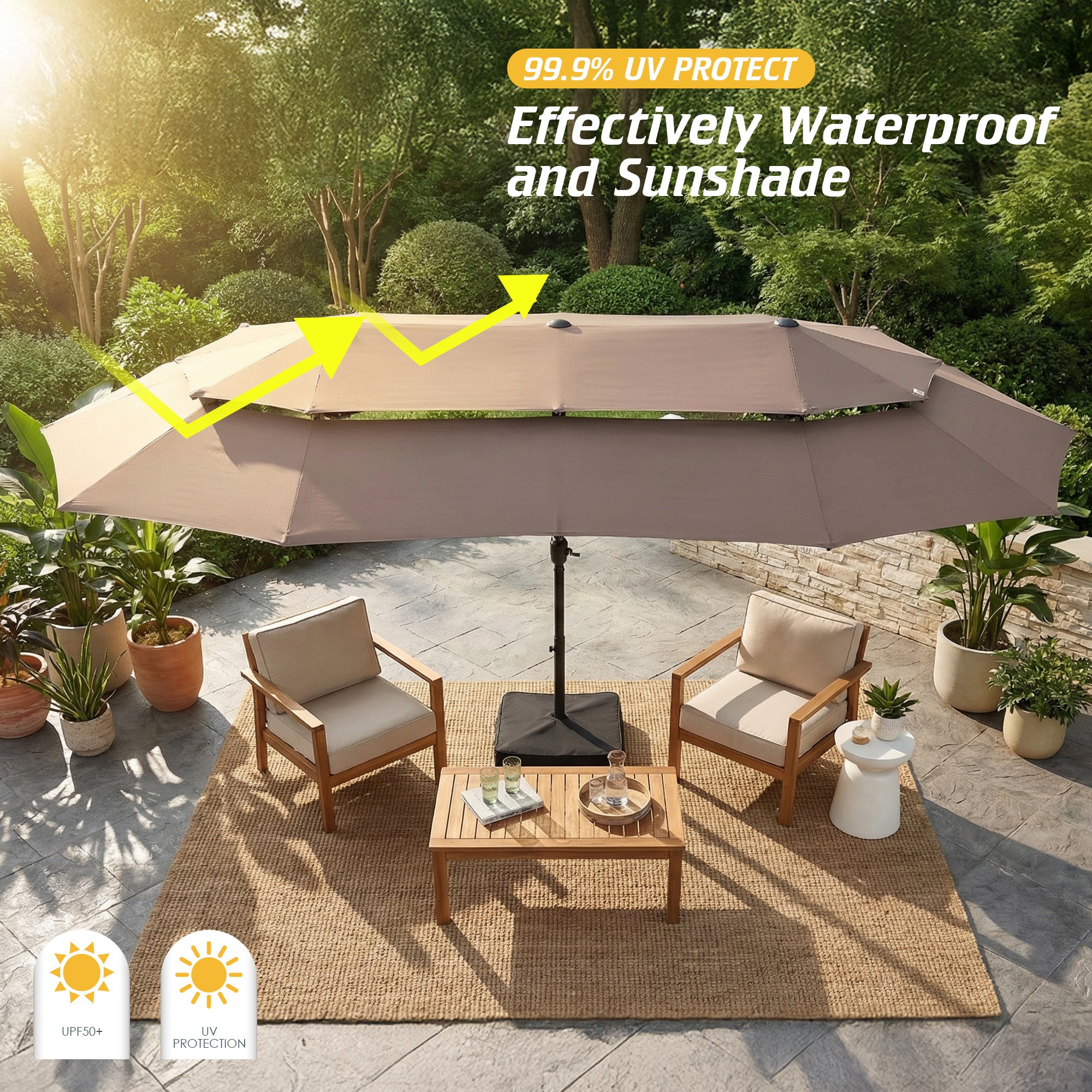 Nice C 13/15FT Large Double Sided Patio Umbrella with Crank (Khaki) | Large Market Umbrella, Wide Outdoor Shade, w/wo Base, Crank Lift, Poolside, Deck, Backyard, Patio, Garden, 13FT, 15FT