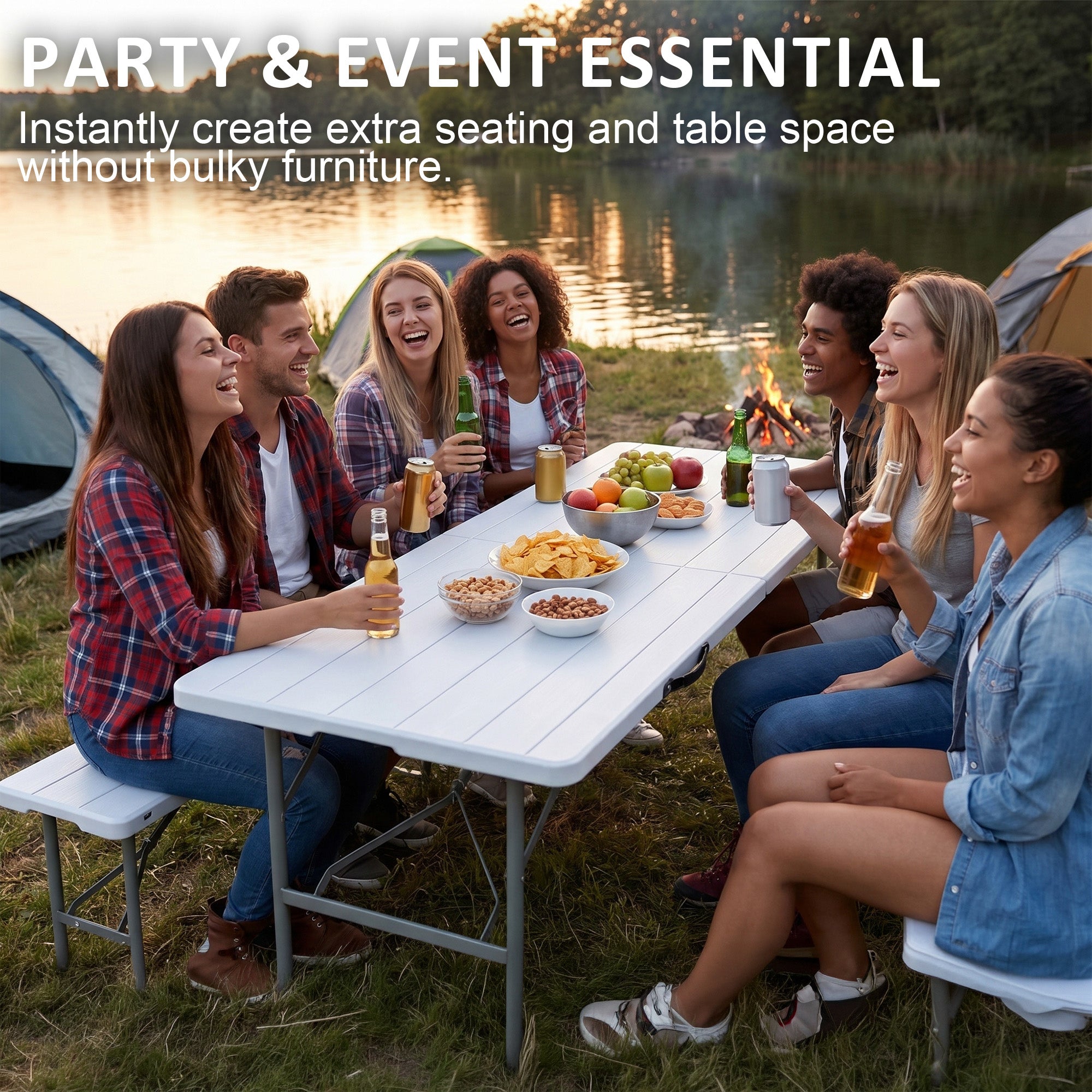 Nice C 6FT Folding Portable Picnic Table Set with 2 Benches (3 PC Black/White) | Plastic Table & Bench Set, Table With Chairs, Wood Grain Surface, Foldable, Indoor, Outdoor, Camping, Patio, Backyard, Picnic