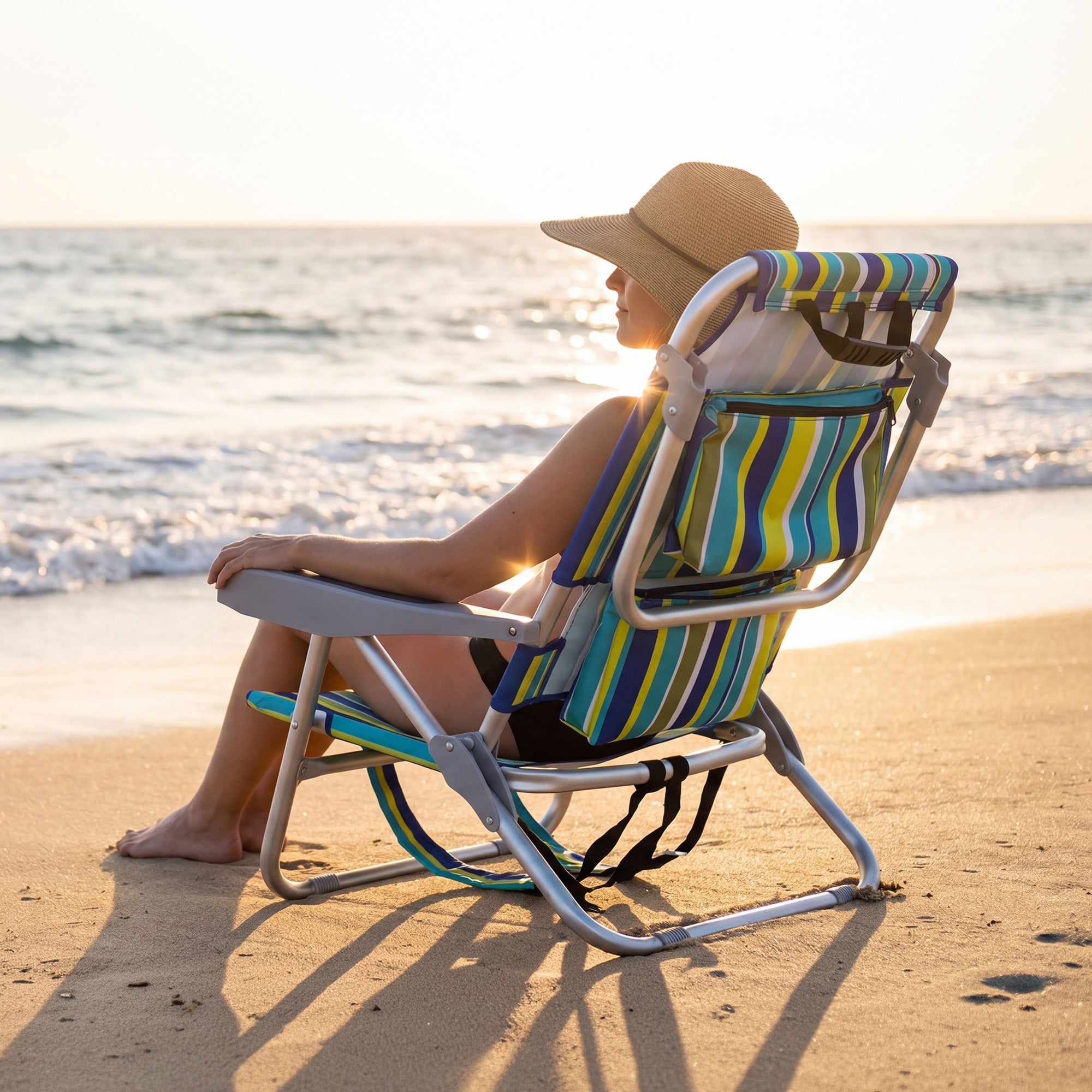 Nice C Backpack Beach Chair with Umbrella, Stripe Sand Lake Chair (1 Pack/2 Pack) | Low Beach Chair, Backpack Beach Chair, Sillas De Playa, High Back, Cooler, Cup Holder, Heavy Duty, Adults