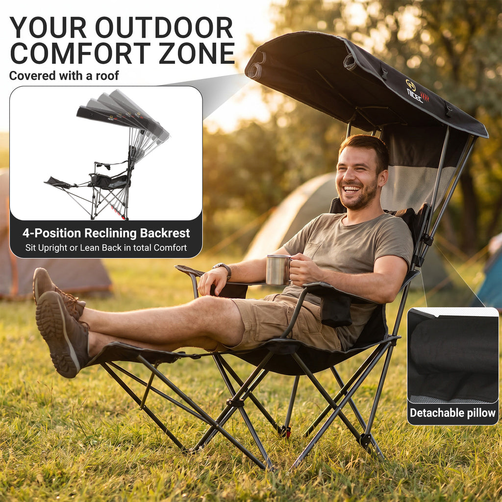 Nice C Heated 4-Position Reclining Canopy Umbrella Camping Chair (1 Pack/2 Pack) | Folding Chair, With Adjustable Shade, Backrest, Footrest, Cooler Bag, Cup Holder, for Camping, Beach, Sports