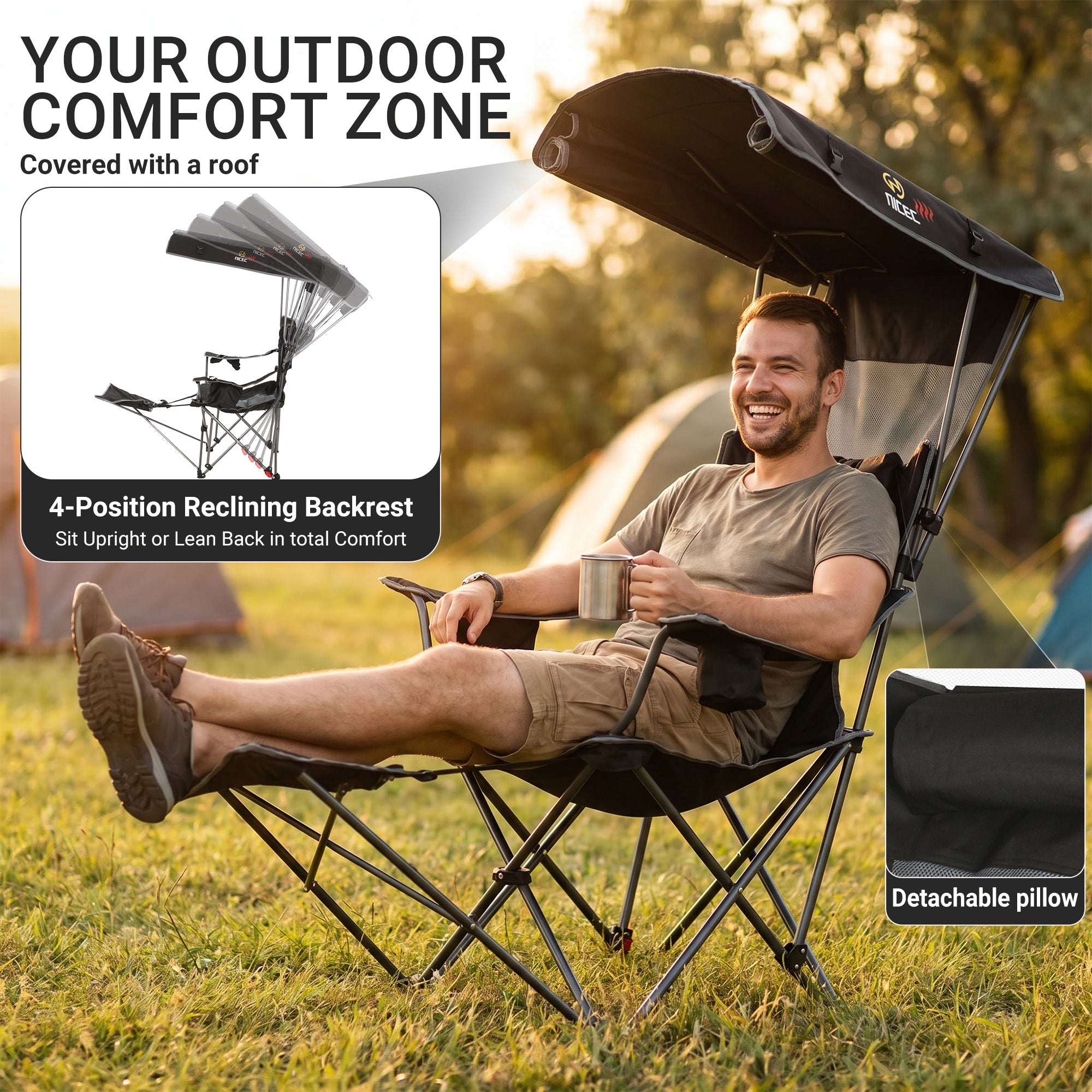 Nice C Heated 4-Position Reclining Canopy Umbrella Camping Chair (1 Pack/2 Pack) | Folding Chair, With Adjustable Shade, Backrest, Footrest, Cooler Bag, Cup Holder, for Camping, Beach, Sports